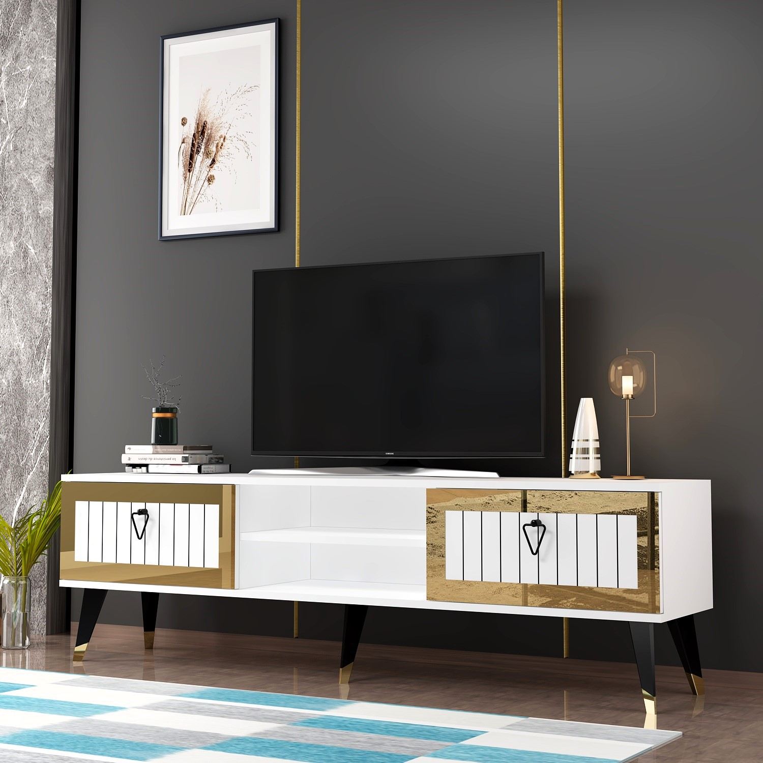 Móvel de TV – 150 cm x 45.6 cm x 30 cm – Branco e Dourado – Painel de partículas revestido a melamina