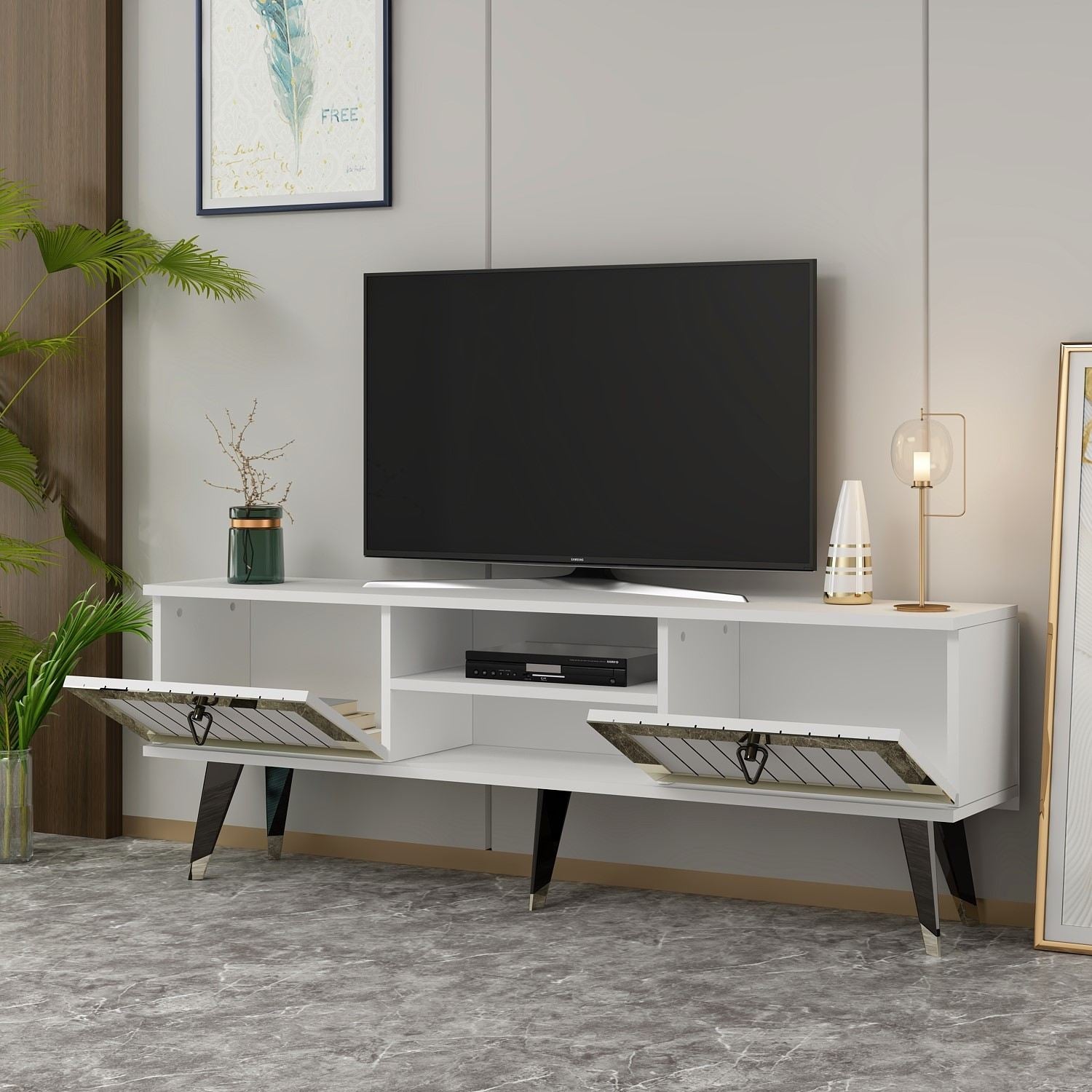Móvel de TV – 150 cm x 45.6 cm x 30 cm – Branco e Dourado – Painel de partículas revestido a melamina