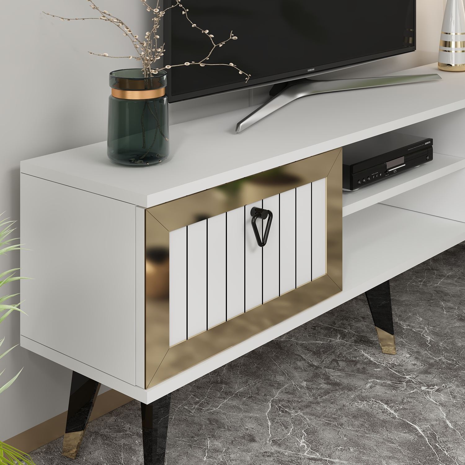 Móvel de TV – 150 cm x 45.6 cm x 30 cm – Branco e Dourado – Painel de partículas revestido a melamina
