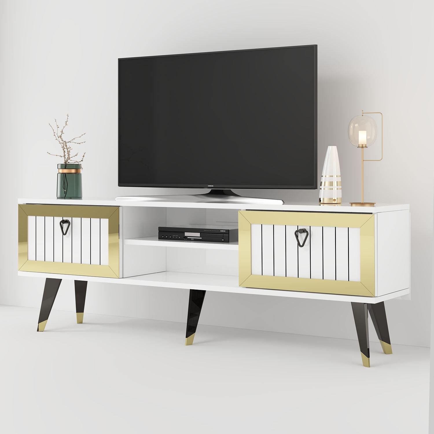 Móvel de TV – 150 cm x 45.6 cm x 30 cm – Branco e Dourado – Painel de partículas revestido a melamina