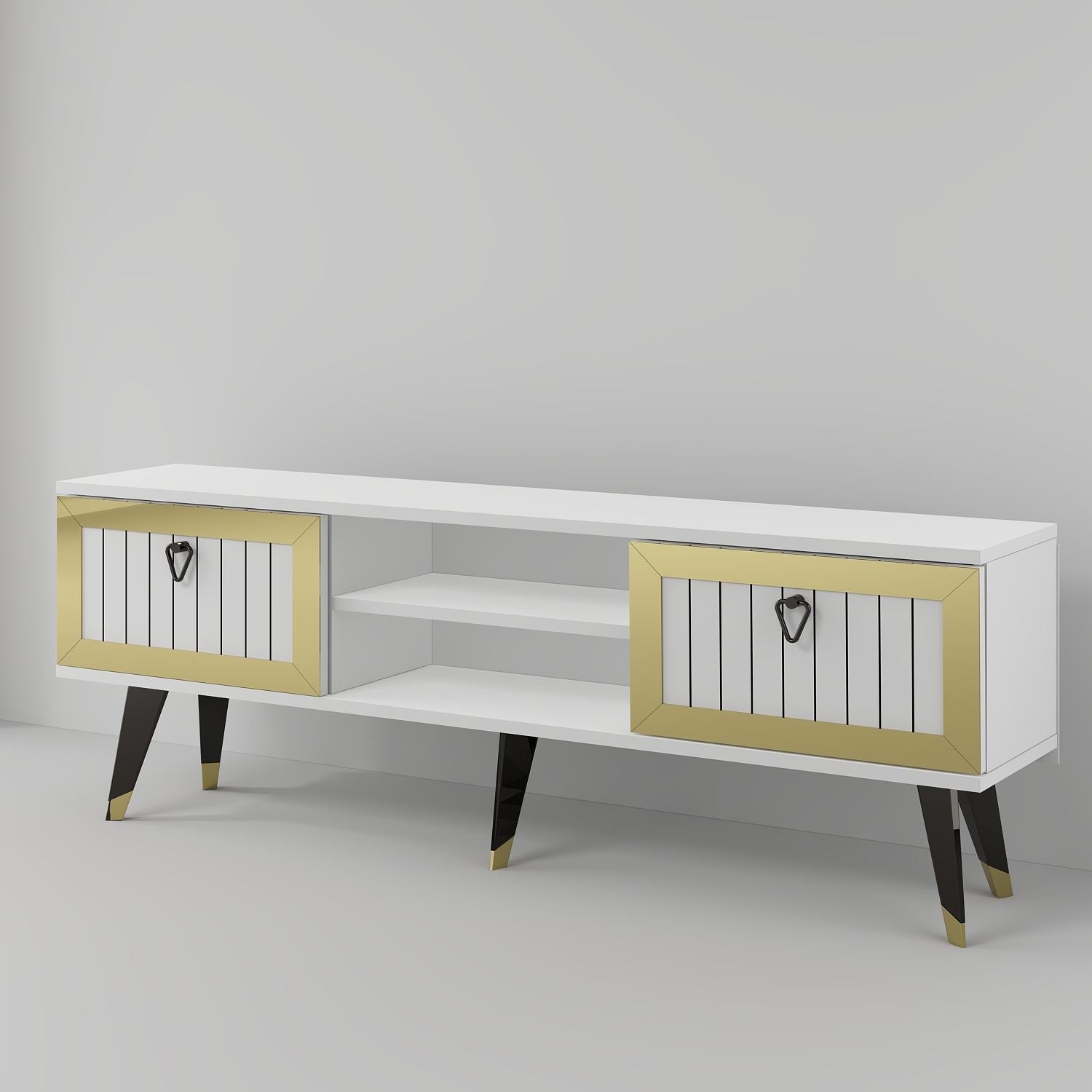 Móvel de TV – 150 cm x 45.6 cm x 30 cm – Branco e Dourado – Painel de partículas revestido a melamina