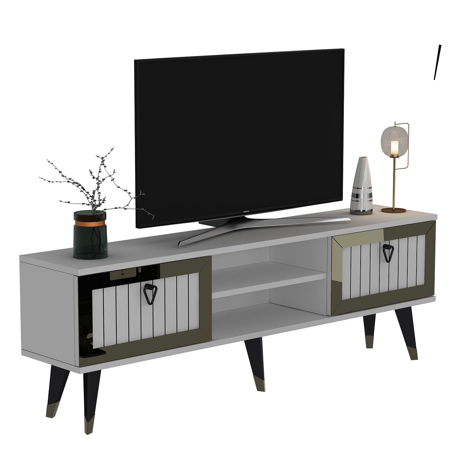 Móvel de TV – 150 cm x 45.6 cm x 30 cm – Branco e Dourado – Painel de partículas revestido a melamina