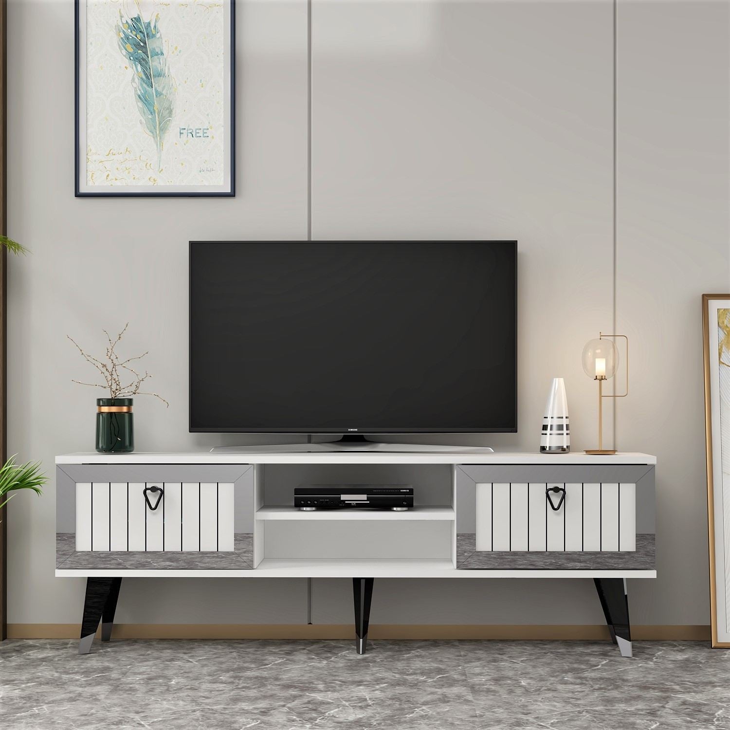 Móvel de TV – 150 cm – Branco e Prateado – Painel de partículas revestido a melamina