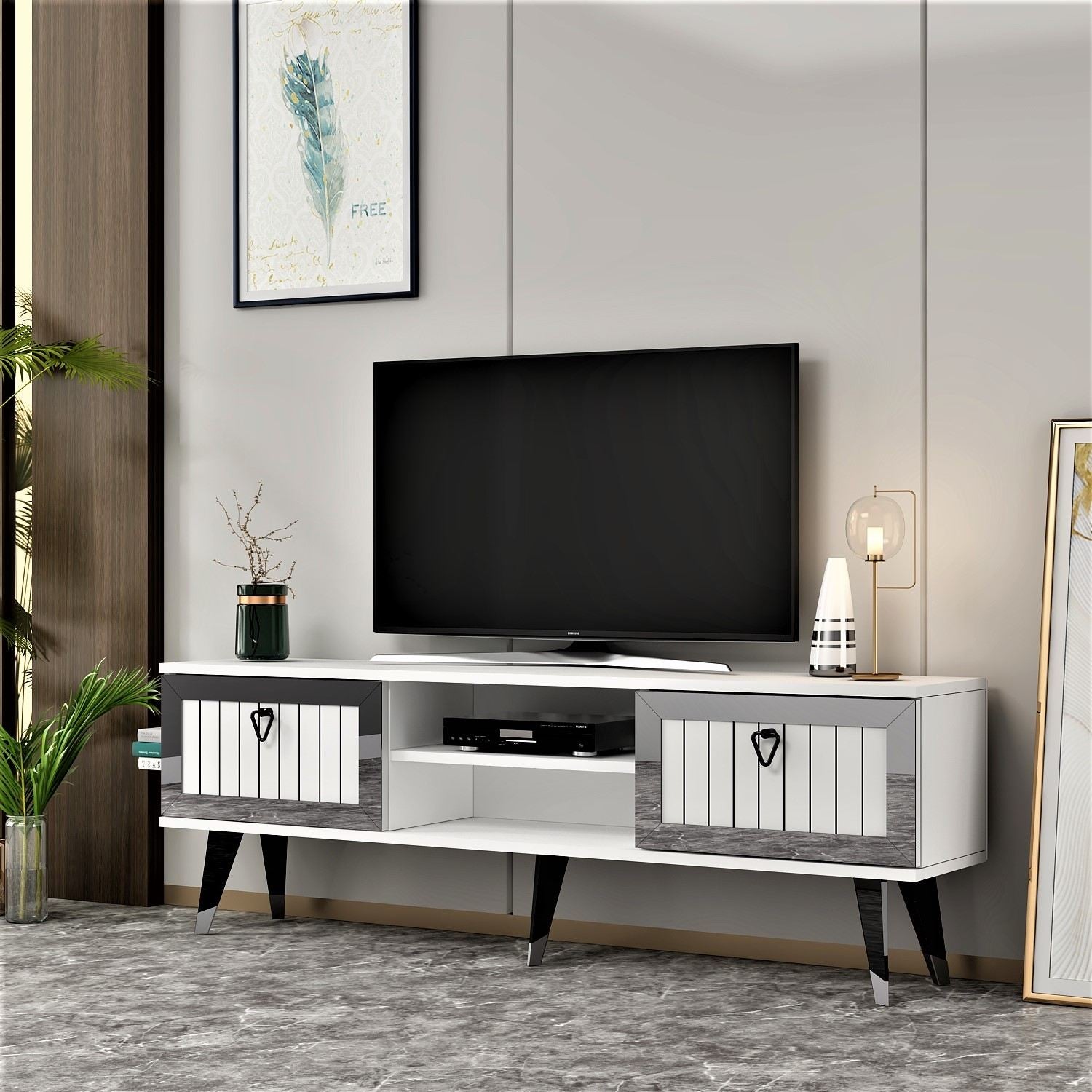 Móvel de TV – 150 cm – Branco e Prateado – Painel de partículas revestido a melamina