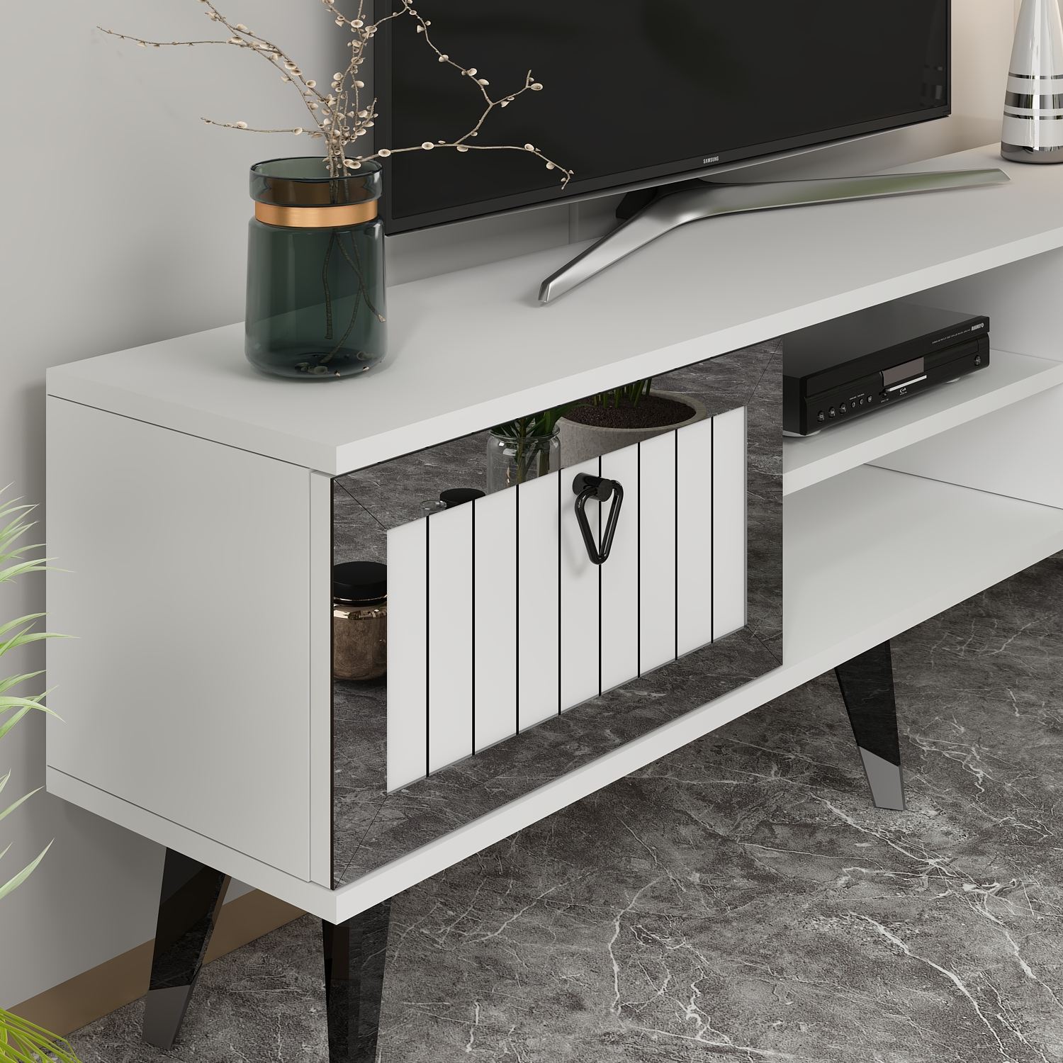 Móvel de TV – 150 cm – Branco e Prateado – Painel de partículas revestido a melamina
