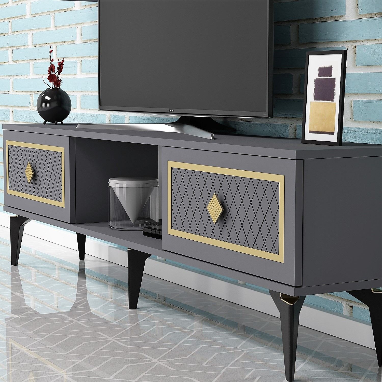 Móvel de TV – 150 cm x 44,6 cm x 29,6 cm – Antracite e Dourado – Painéis de Partículas Revestidos a Melamina