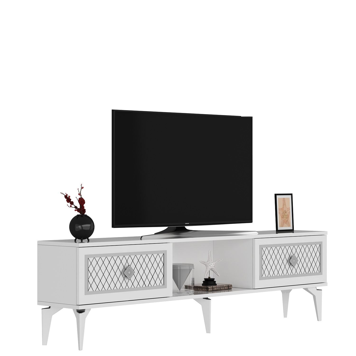 Móvel de TV – 150 cm x 44,6 cm x 29,6 cm – Branco e Prateado – Painéis de partículas revestidos a melamina