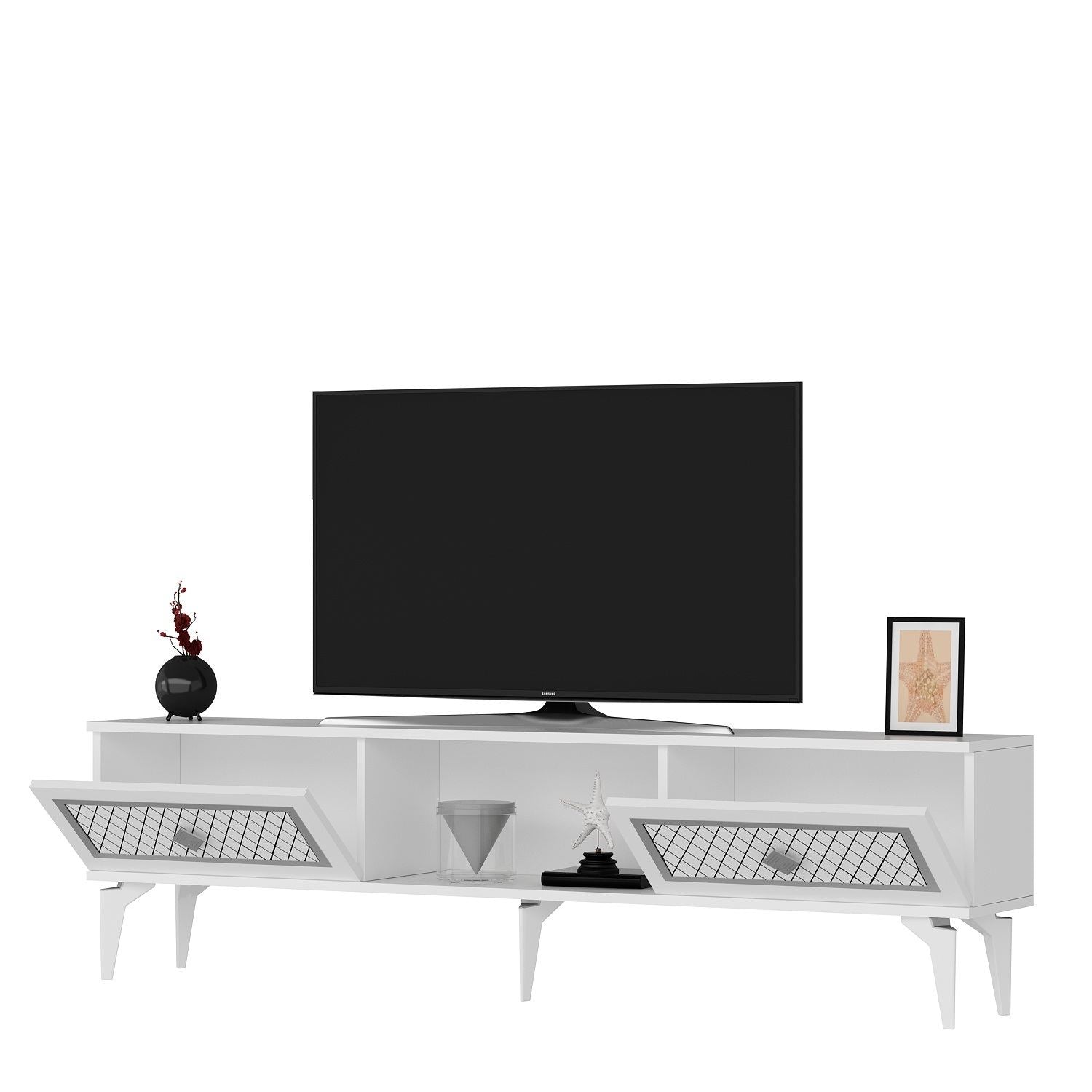 Móvel de TV – 150 cm x 44,6 cm x 29,6 cm – Branco e Prateado – Painéis de partículas revestidos a melamina