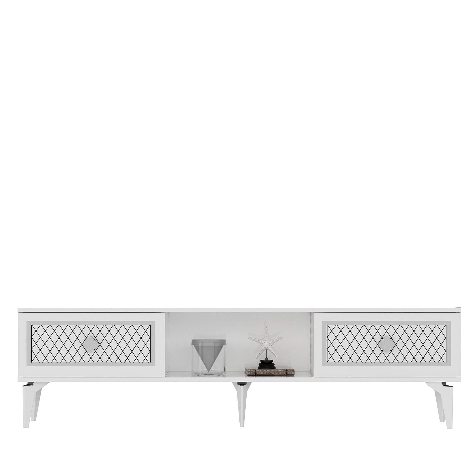 Móvel de TV – 150 cm x 44,6 cm x 29,6 cm – Branco e Prateado – Painéis de partículas revestidos a melamina