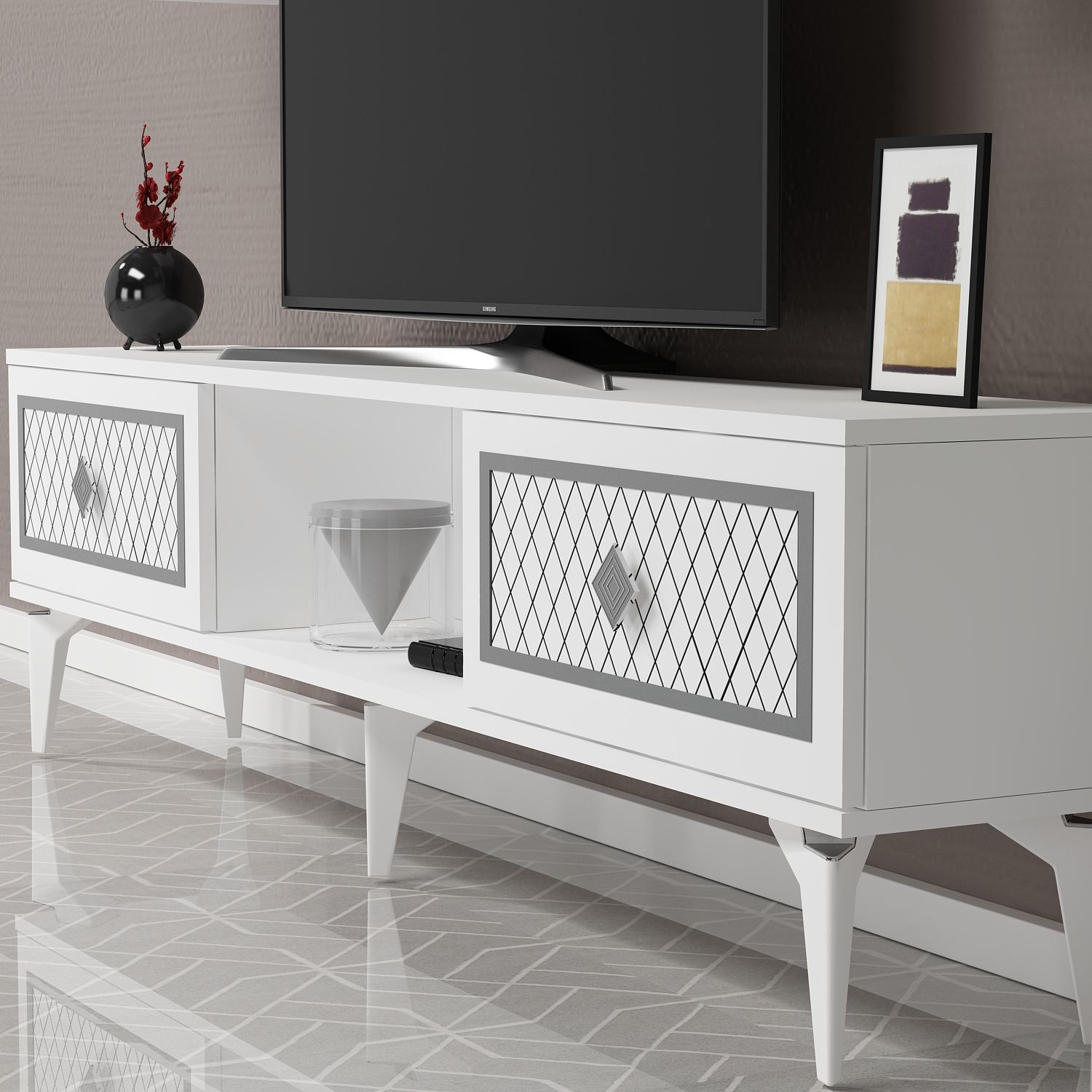 Móvel de TV – 150 cm x 44,6 cm x 29,6 cm – Branco e Prateado – Painéis de partículas revestidos a melamina