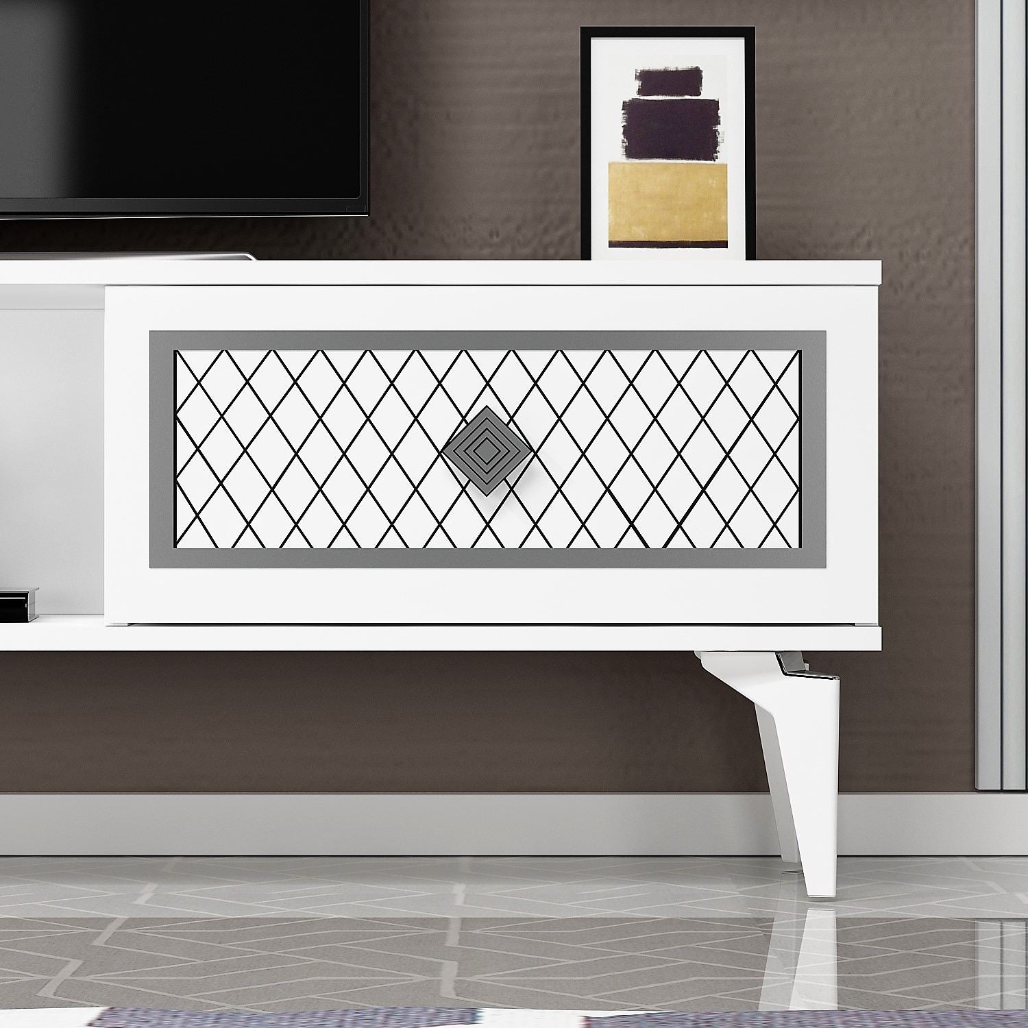 Móvel de TV – 150 cm x 44,6 cm x 29,6 cm – Branco e Prateado – Painéis de partículas revestidos a melamina