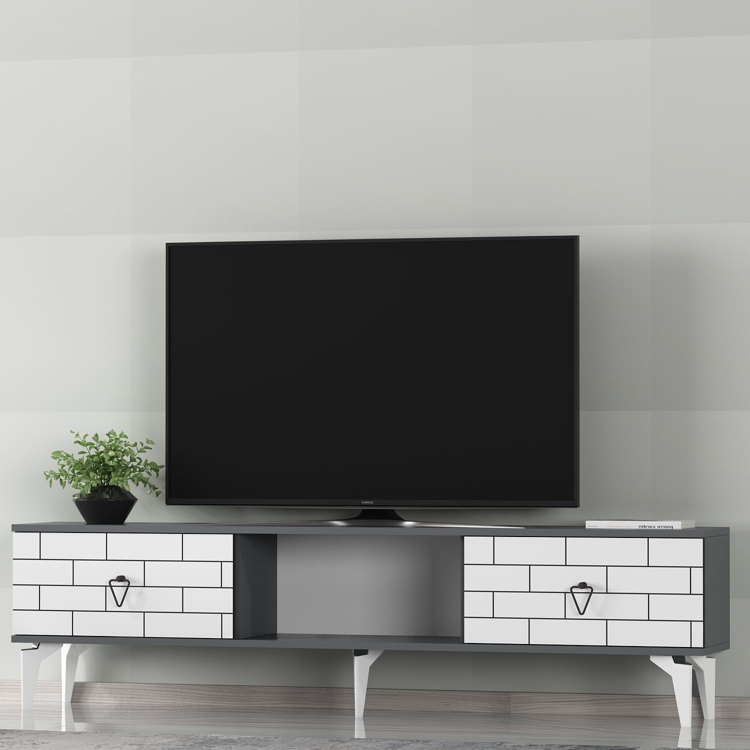 Móvel de TV – 150 cm x 44,6 cm x 29,6 cm – Antracite e Branco – Painel de partículas revestido a melamina