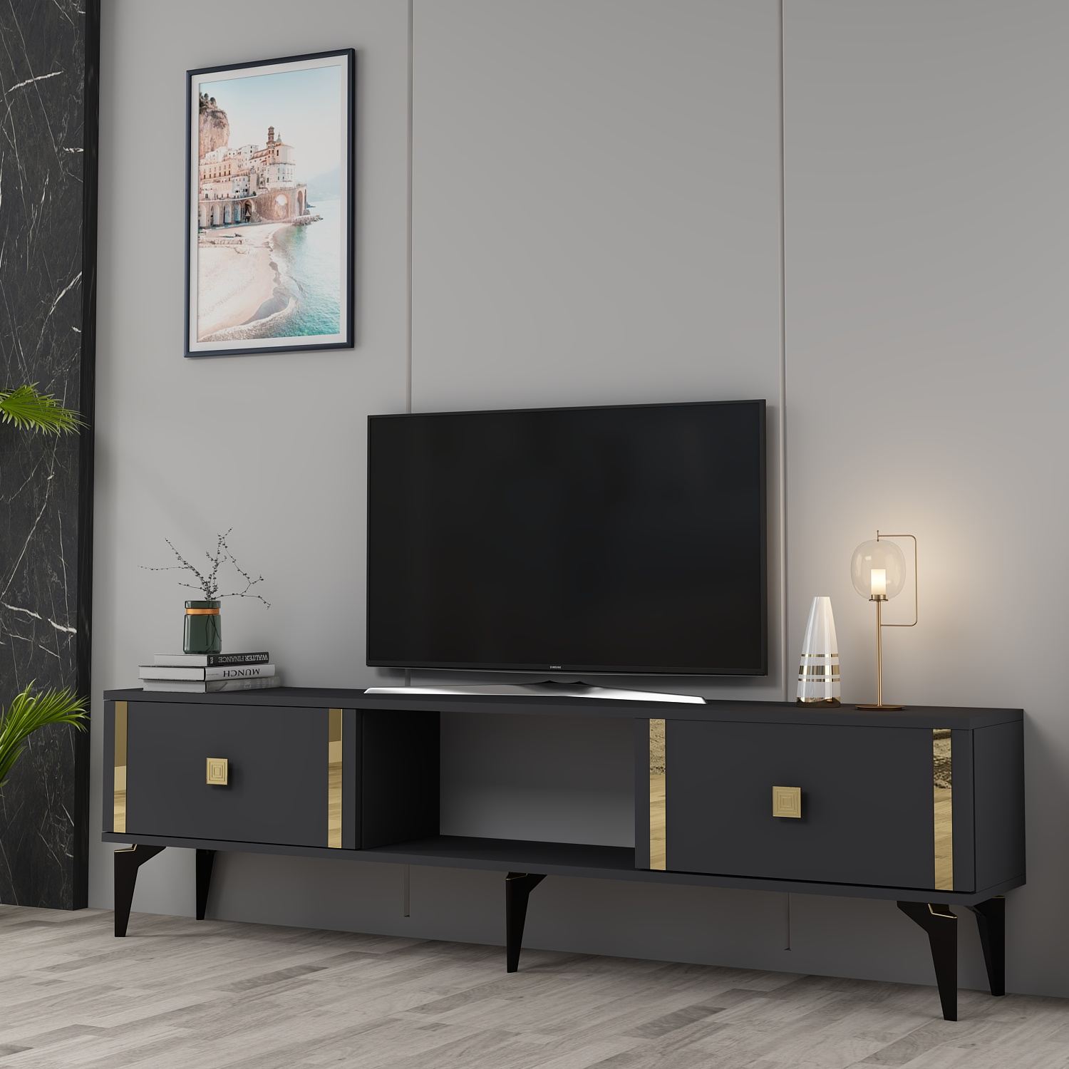 Móvel de TV – 150 cm x 44,6 cm x 29,6 cm – Antracite e Dourado – Painéis de partículas revestidos a melamina