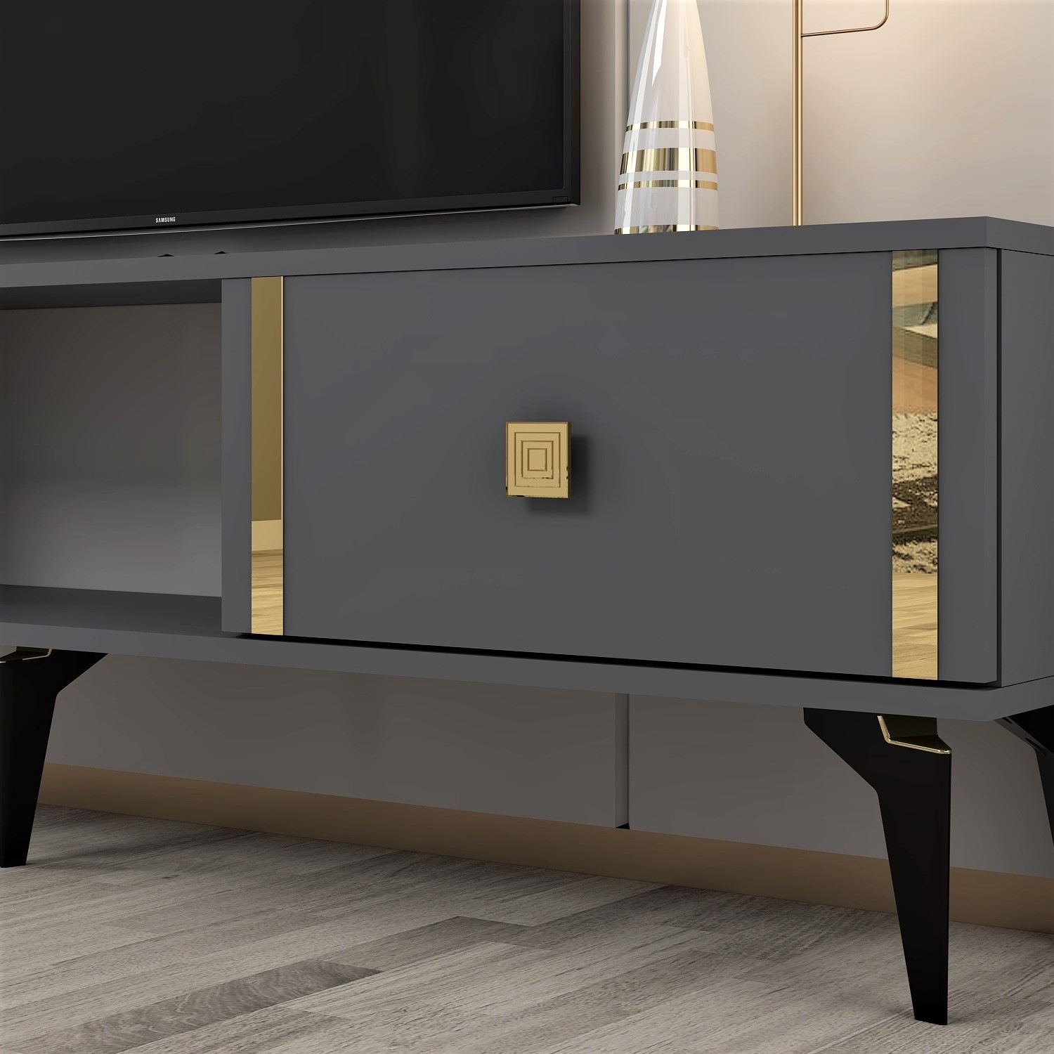Móvel de TV – 150 cm x 44,6 cm x 29,6 cm – Antracite e Dourado – Painéis de partículas revestidos a melamina