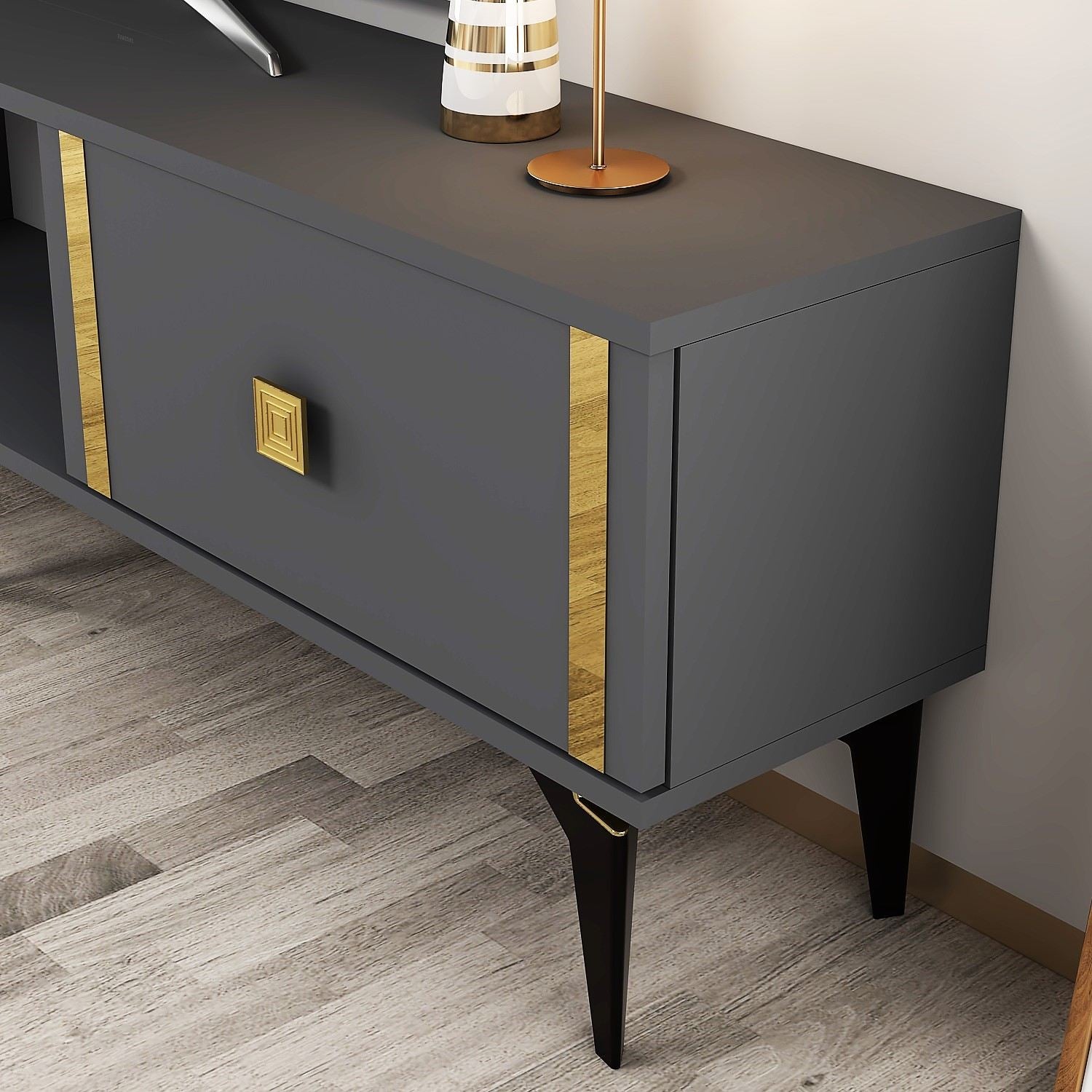 Móvel de TV – 150 cm x 44,6 cm x 29,6 cm – Antracite e Dourado – Painéis de partículas revestidos a melamina