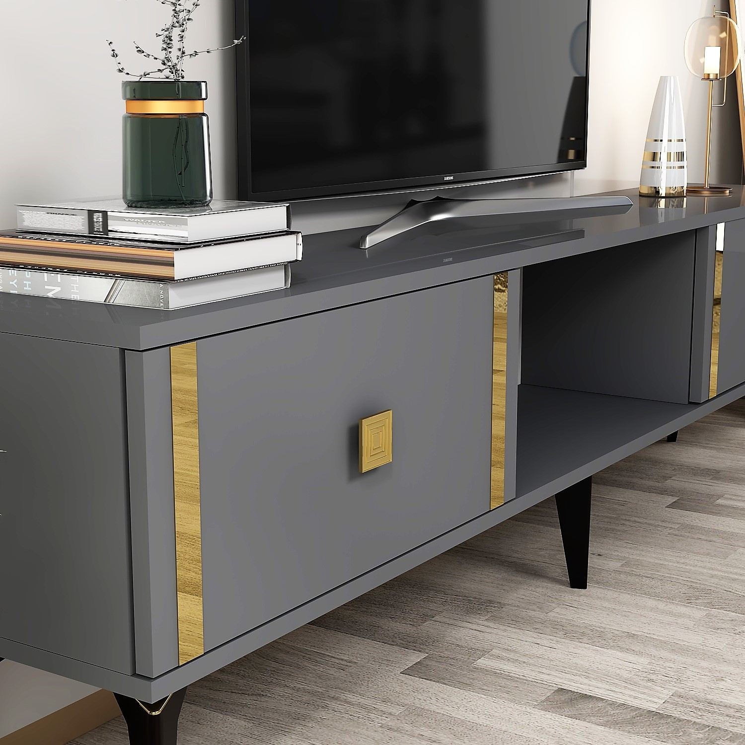 Móvel de TV – 150 cm x 44,6 cm x 29,6 cm – Antracite e Dourado – Painéis de partículas revestidos a melamina
