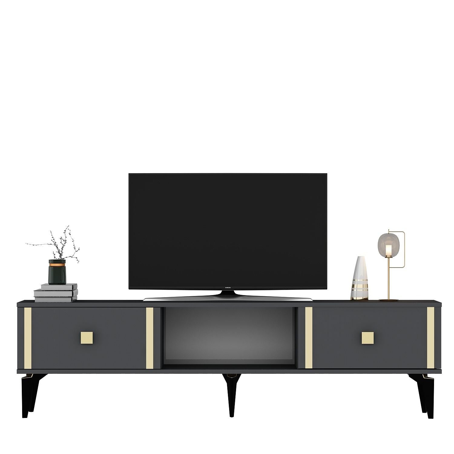 Móvel de TV – 150 cm x 44,6 cm x 29,6 cm – Antracite e Dourado – Painéis de partículas revestidos a melamina