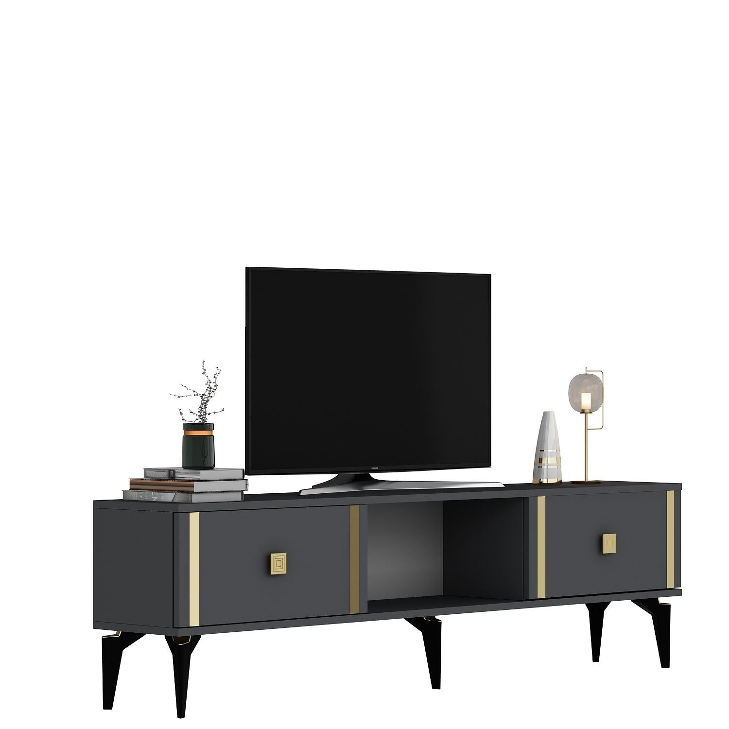 Móvel de TV – 150 cm x 44,6 cm x 29,6 cm – Antracite e Dourado – Painéis de partículas revestidos a melamina