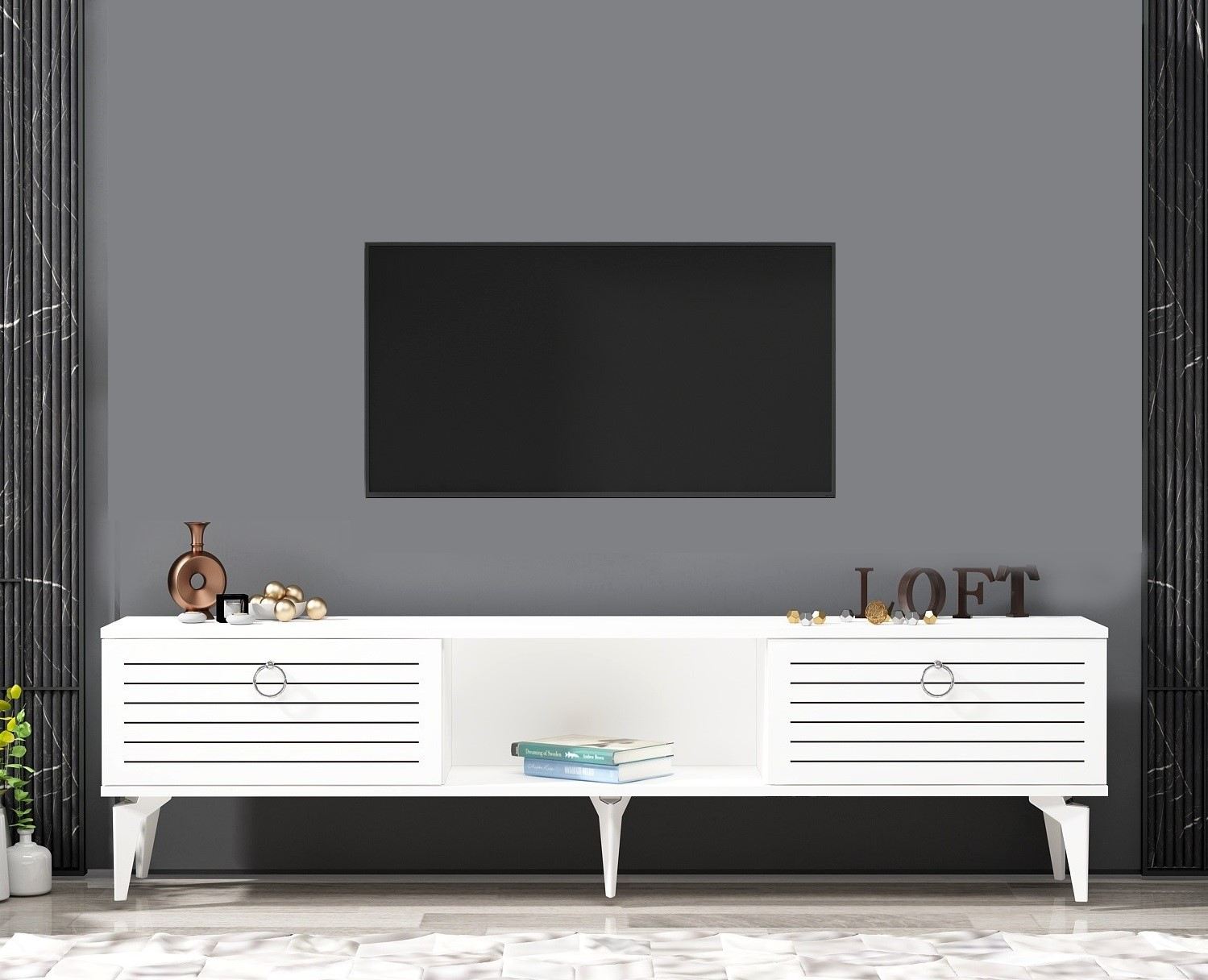 Móvel de TV – 150 cm – Branco – Painéis de partículas revestidos a melamina