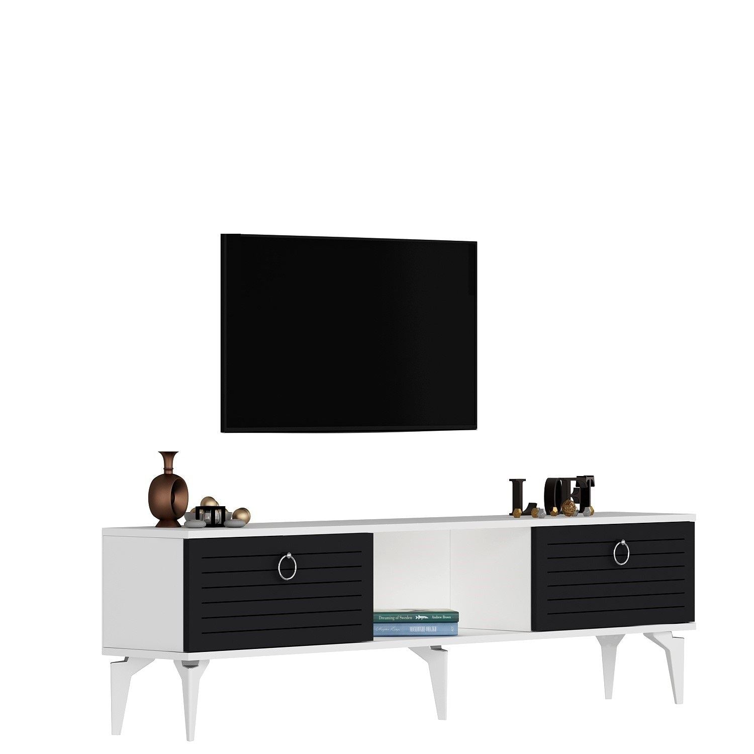 Móvel de TV – 150 cm x 44.6 cm x 29.6 cm – Branco e Antracite – Painéis de partículas revestidos a melamina