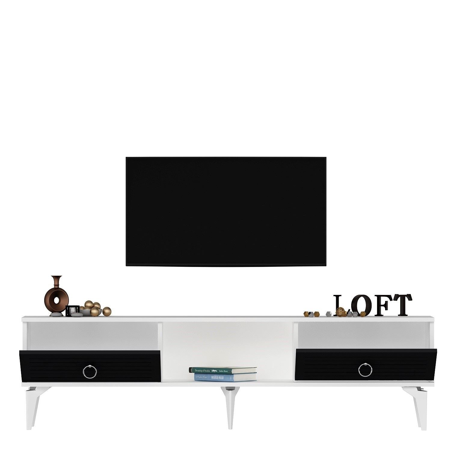 Móvel de TV – 150 cm x 44.6 cm x 29.6 cm – Branco e Antracite – Painéis de partículas revestidos a melamina
