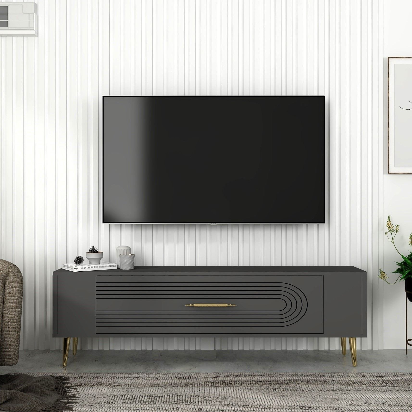 Móvel de TV – 120 cm x 48,2 cm x 26,4 cm – Antracite e Dourado – Painel de Partículas