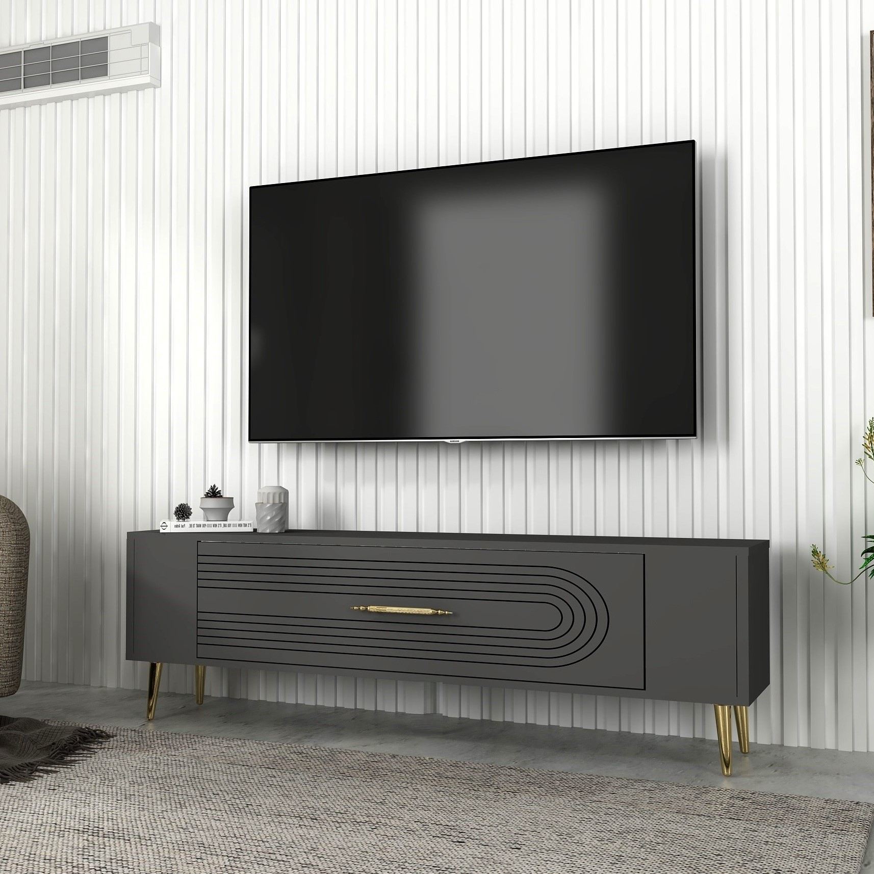 Móvel de TV – 120 cm x 48,2 cm x 26,4 cm – Antracite e Dourado – Painel de Partículas