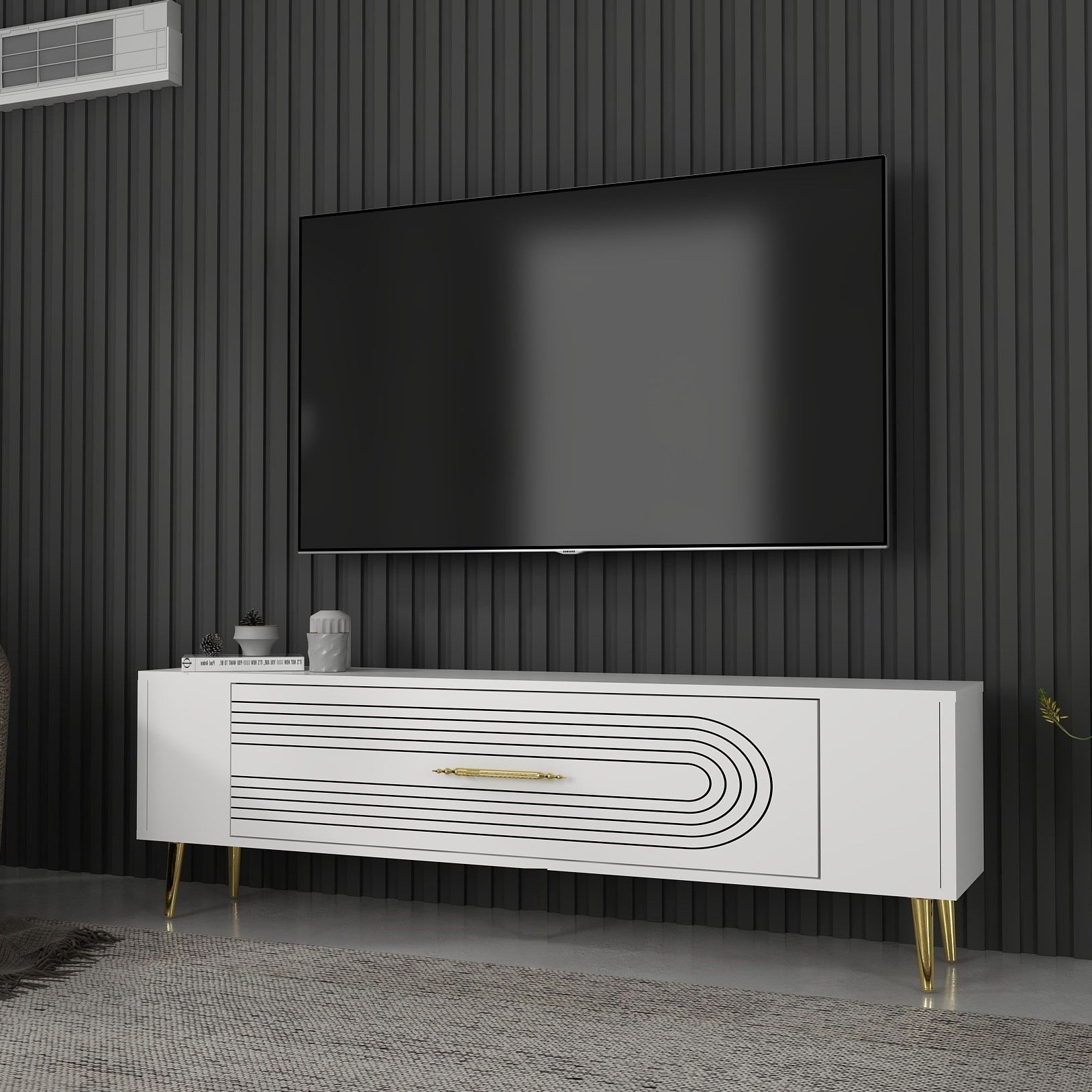 Móvel de TV – 120 cm x 48.2 cm x 26.4 cm – Branco e Dourado – Painel de partículas revestido a melamina