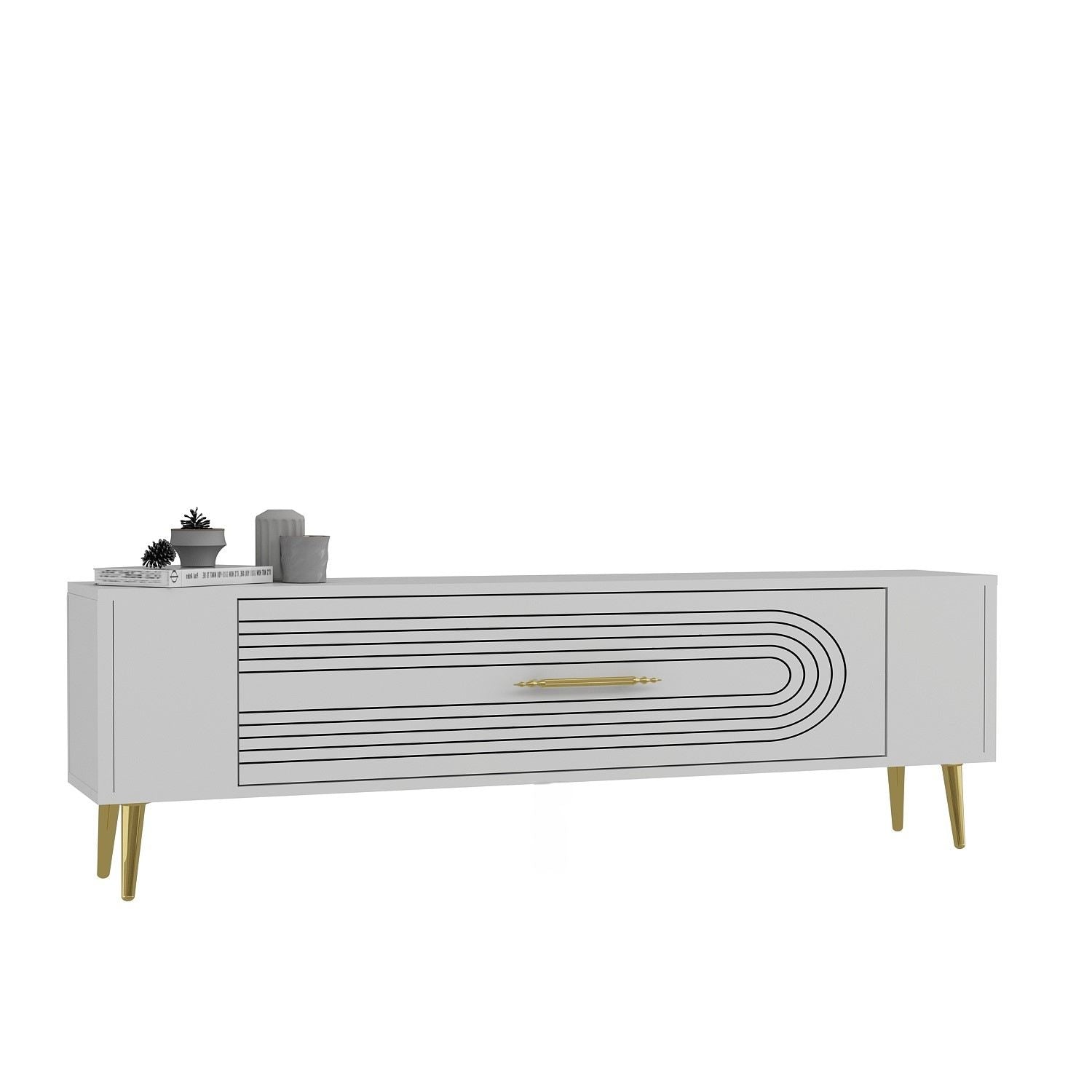Móvel de TV – 120 cm x 48.2 cm x 26.4 cm – Branco e Dourado – Painel de partículas revestido a melamina