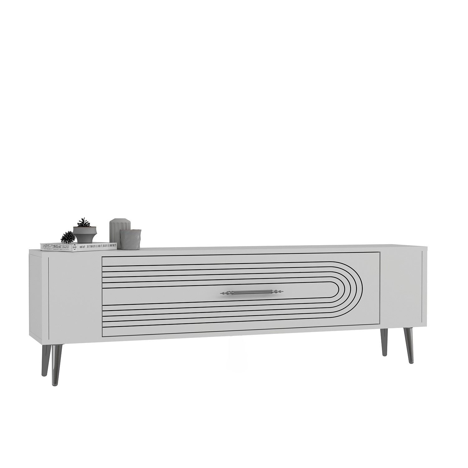 Móvel de TV – 120 cm x 48,2 cm x 26,4 cm – Branco e Prata – Painéis de partículas revestidos a melamina