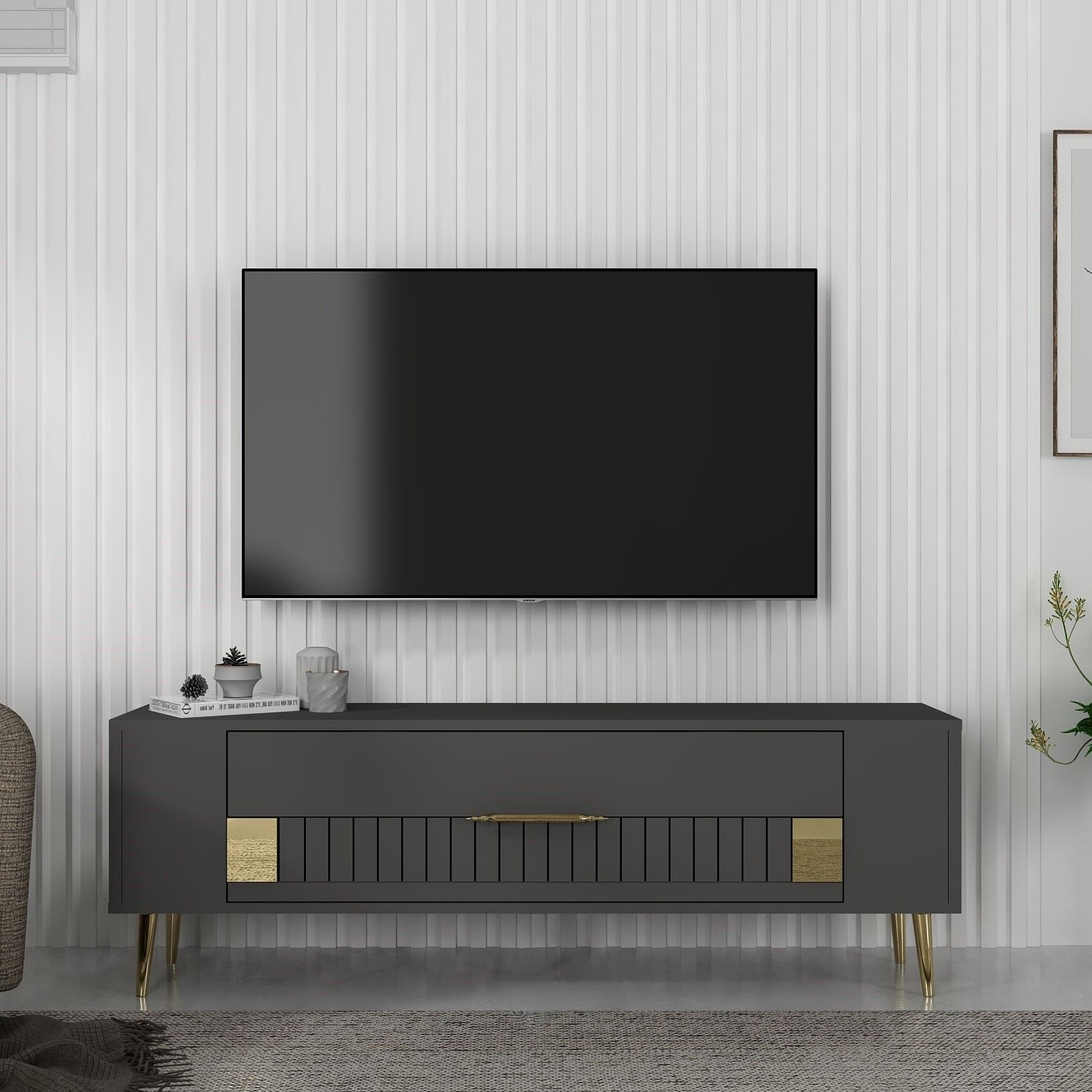 Móvel de TV – 120 cm – Antracite e Dourado – Painéis de Partículas Revestidos a Melamina