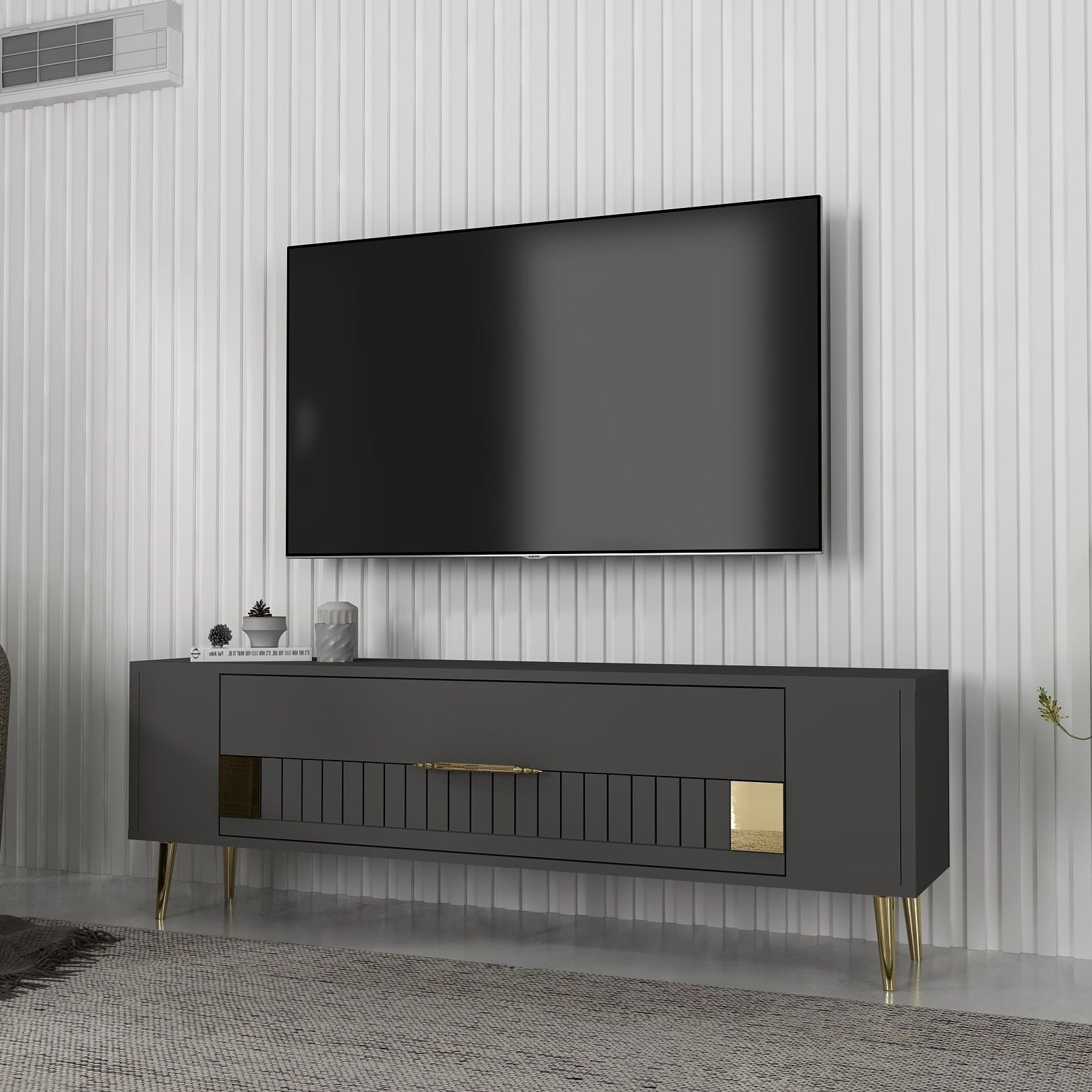Móvel de TV – 120 cm – Antracite e Dourado – Painéis de Partículas Revestidos a Melamina