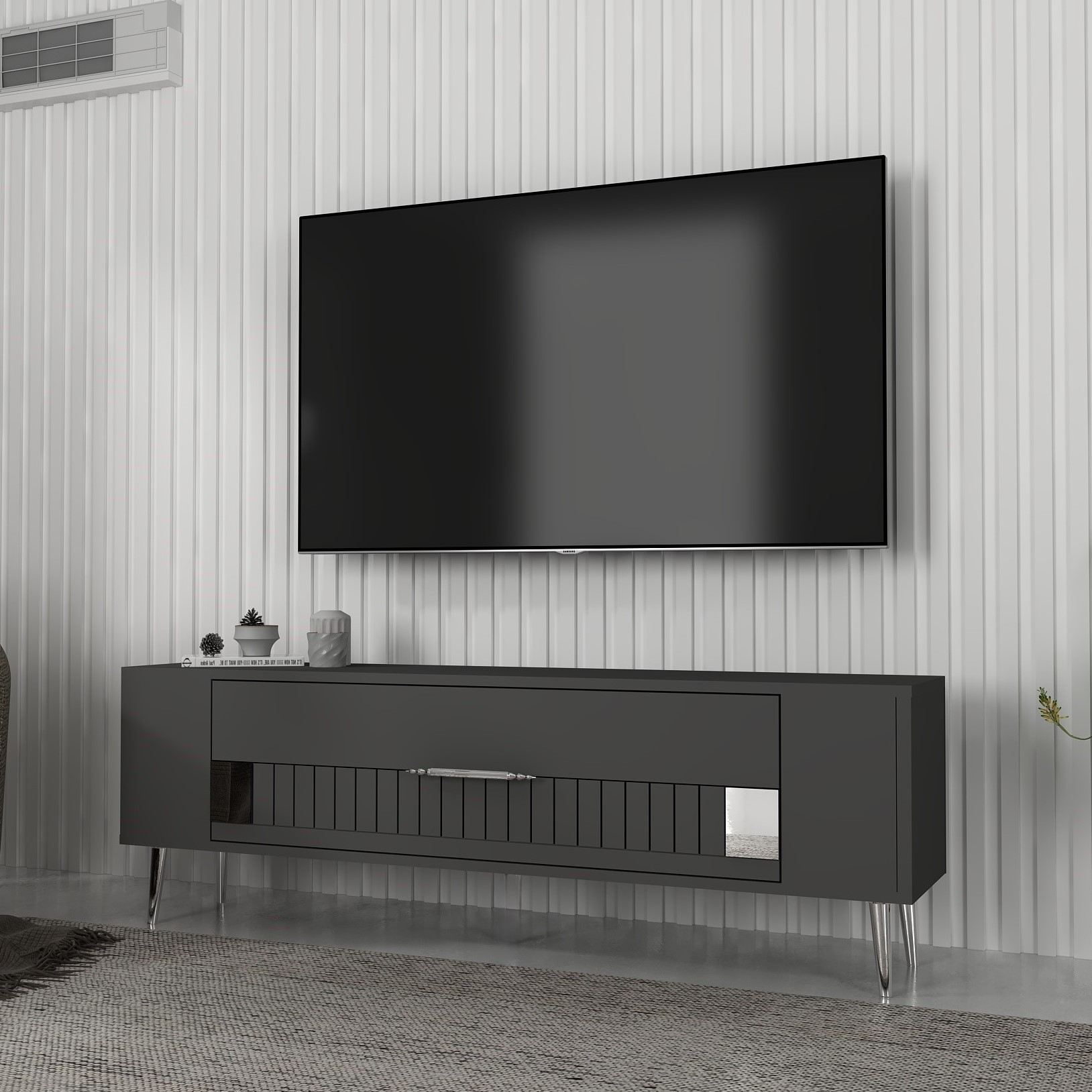 Móvel de TV – 120 cm x 48,2 cm x 26,4 cm – Antracite e Prata – Painel de partículas revestido a melamina