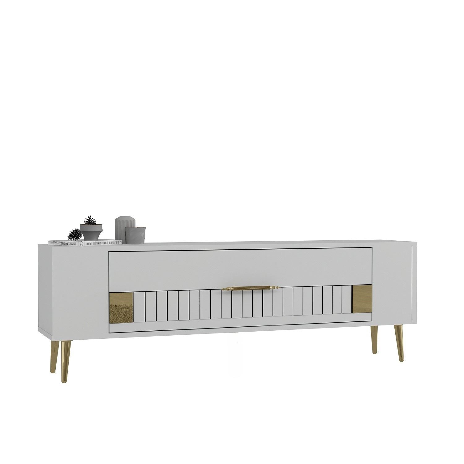 Móvel de TV – 120 cm x 48,2 cm x 26,4 cm – Branco e Dourado – Painéis de partículas revestidos a melamina