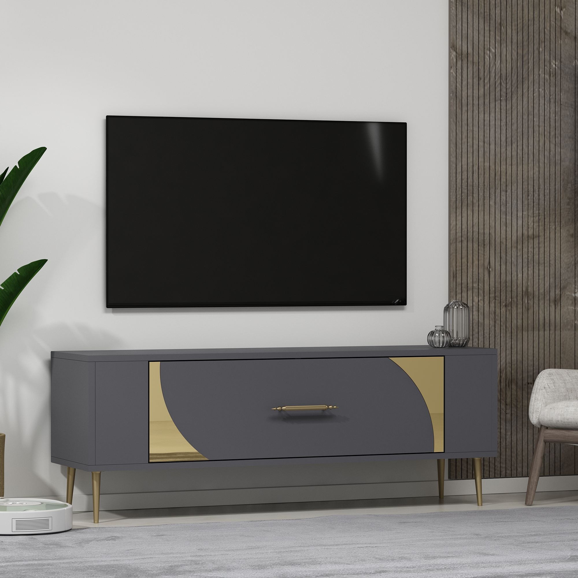 Móvel de TV – 120 cm x 48,2 cm x 26,4 cm – Antracite e Dourado – Painel de partículas revestido a melamina