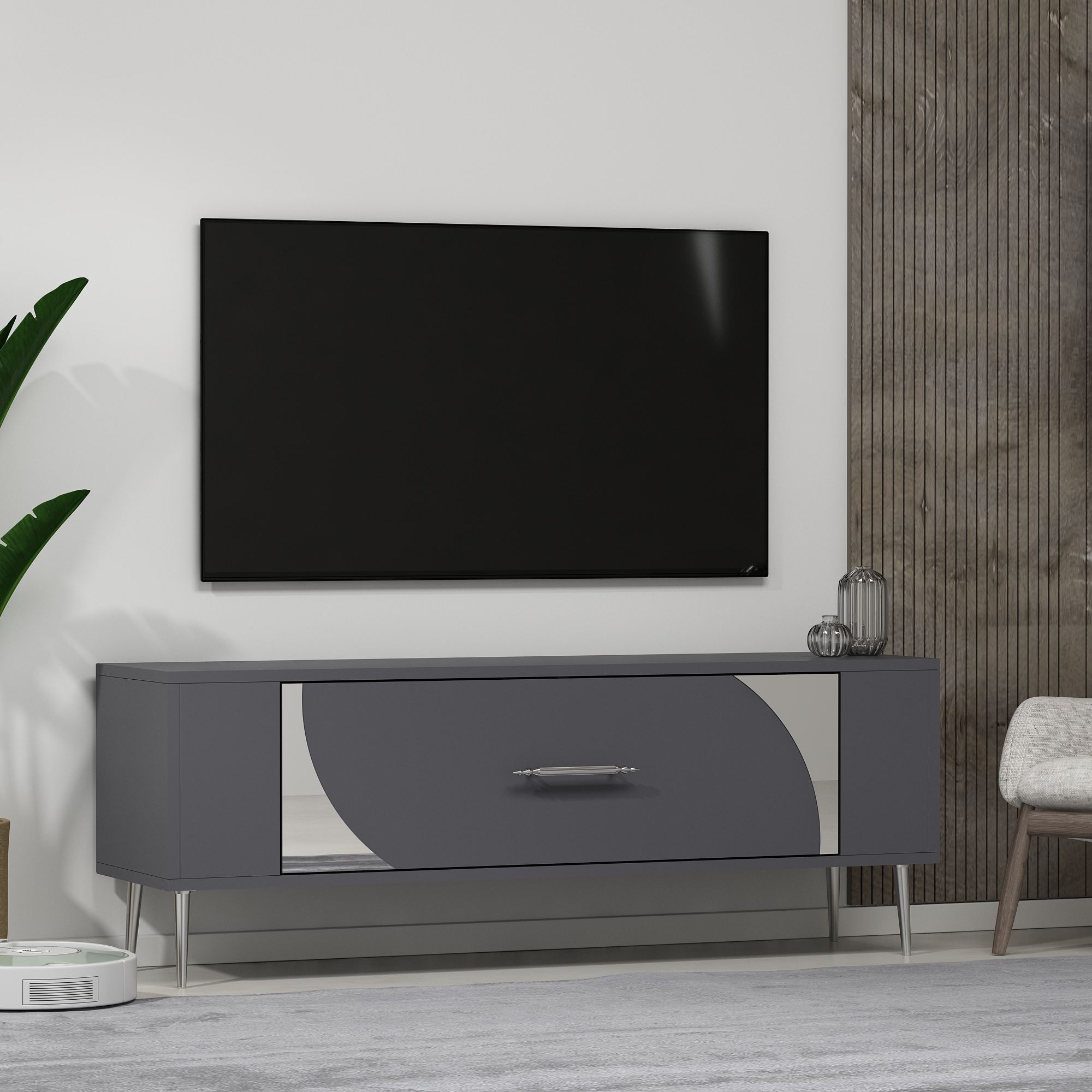 Móvel de TV – 120 cm x 48,2 cm x 26,4 cm – Antracite e Prata – Painel de partículas revestido a melamina