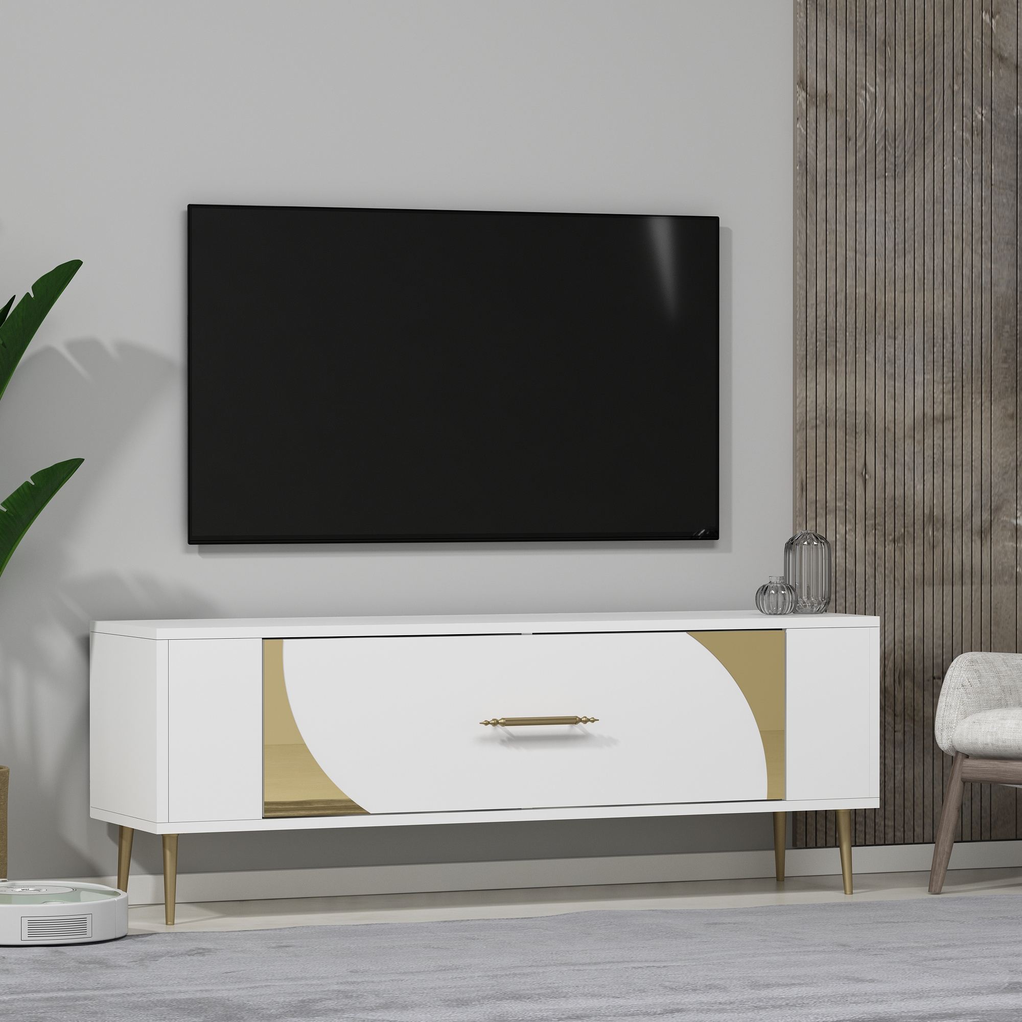 Móvel de TV – 120 cm x 48,2 cm x 26,4 cm – Branco e Dourado – Melamina