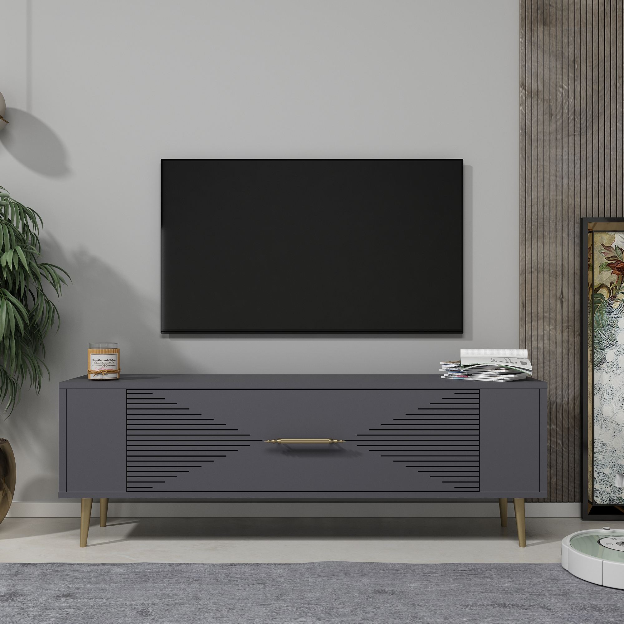 Móvel de TV – 120 cm x 48.2 cm x 26.4 cm – Antracite e Dourado – Painel de Partículas