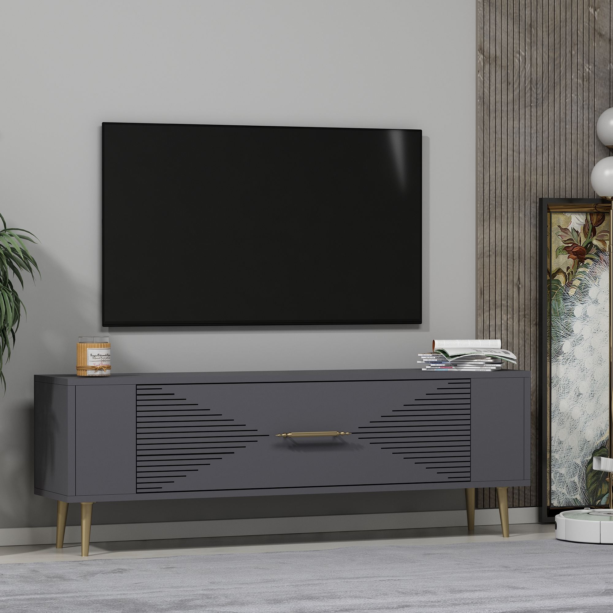 Móvel de TV – 120 cm x 48.2 cm x 26.4 cm – Antracite e Dourado – Painel de Partículas