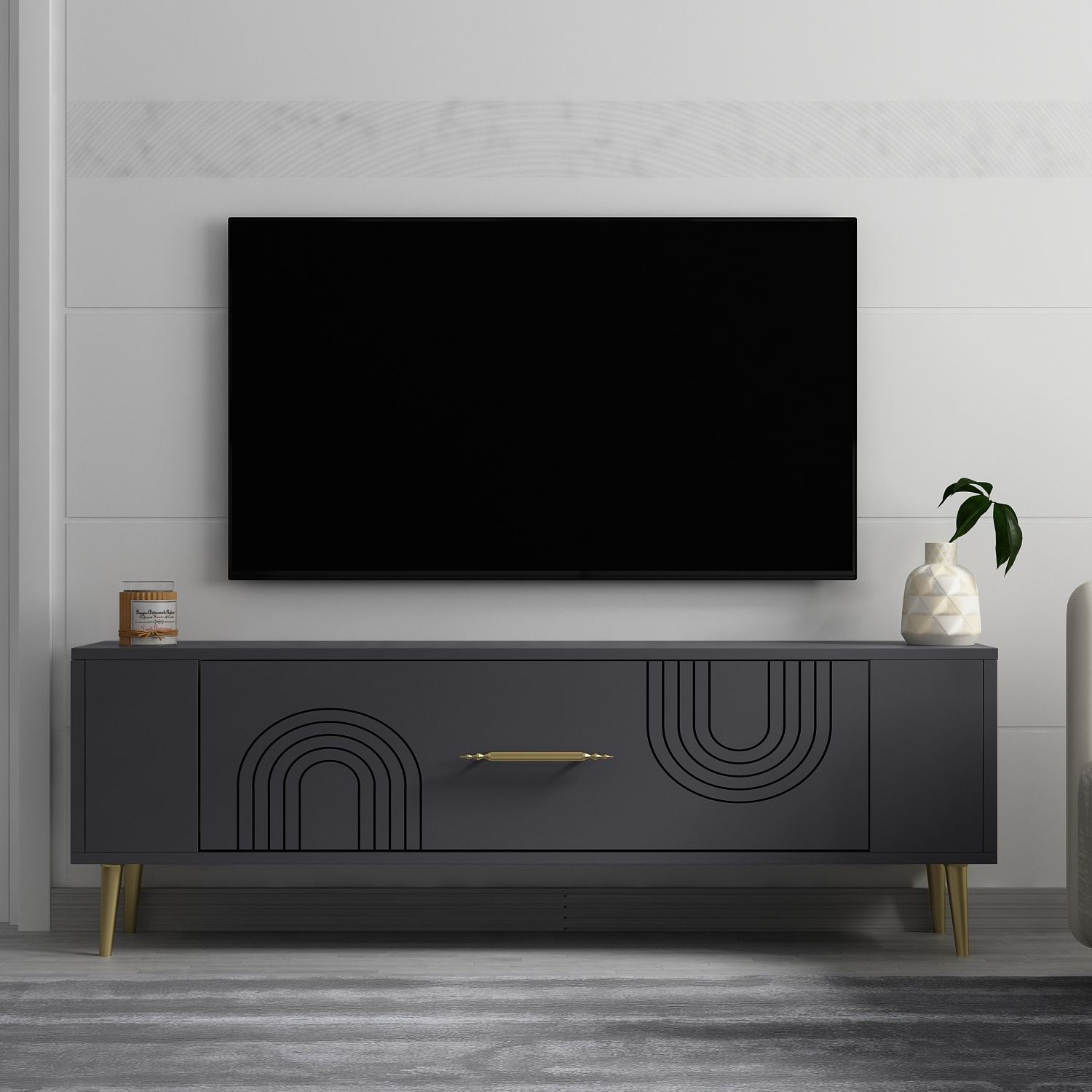 Móvel de TV – 120 cm x 48,2 cm x 26,4 cm – Antracite e Dourado – Painéis de Partículas