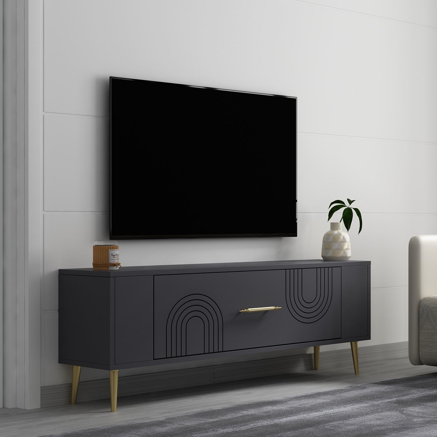 Móvel de TV – 120 cm x 48,2 cm x 26,4 cm – Antracite e Dourado – Painéis de Partículas