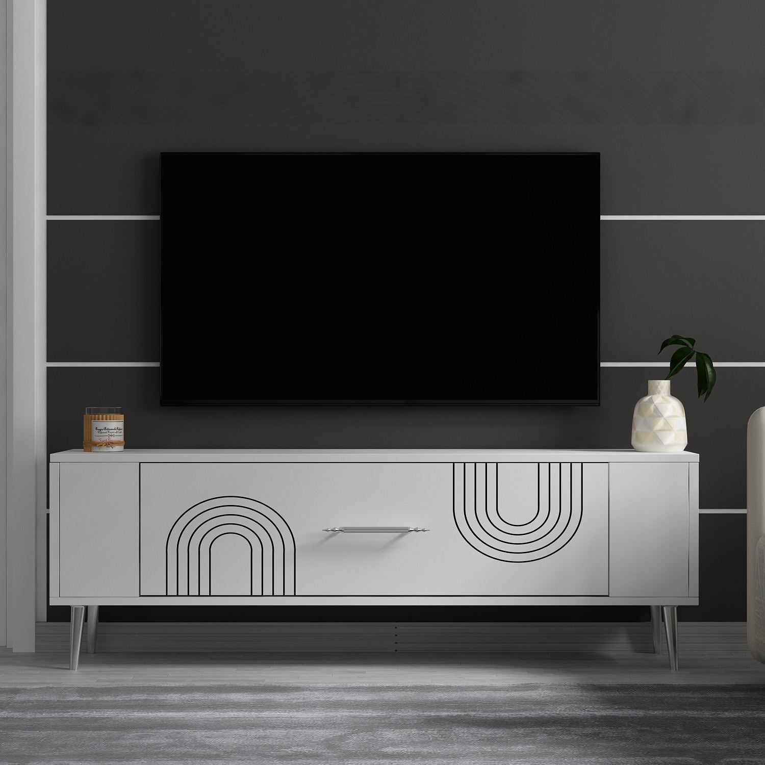 Móvel de TV – 120 cm x 48,2 cm x 26,4 cm – Branco e Prata – Melamina