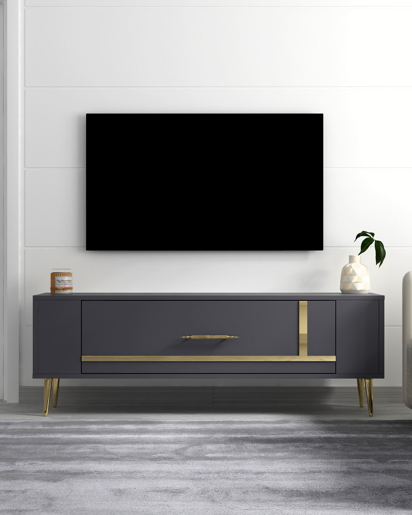 Móvel de TV – 120 cm x 48,2 cm x 26,4 cm – Antracite e Dourado – Melamina