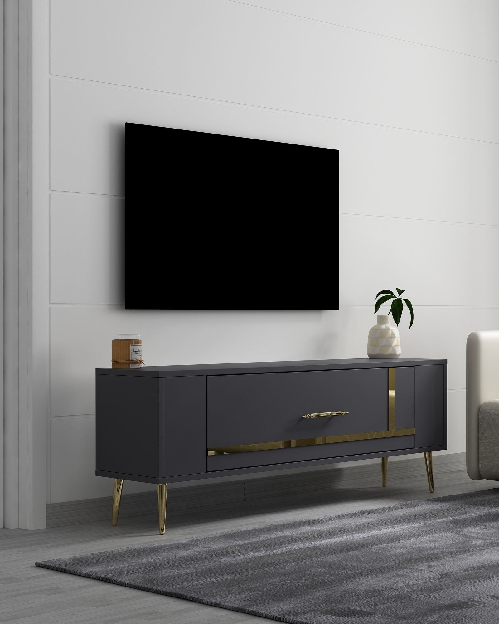 Móvel de TV – 120 cm x 48,2 cm x 26,4 cm – Antracite e Dourado – Melamina