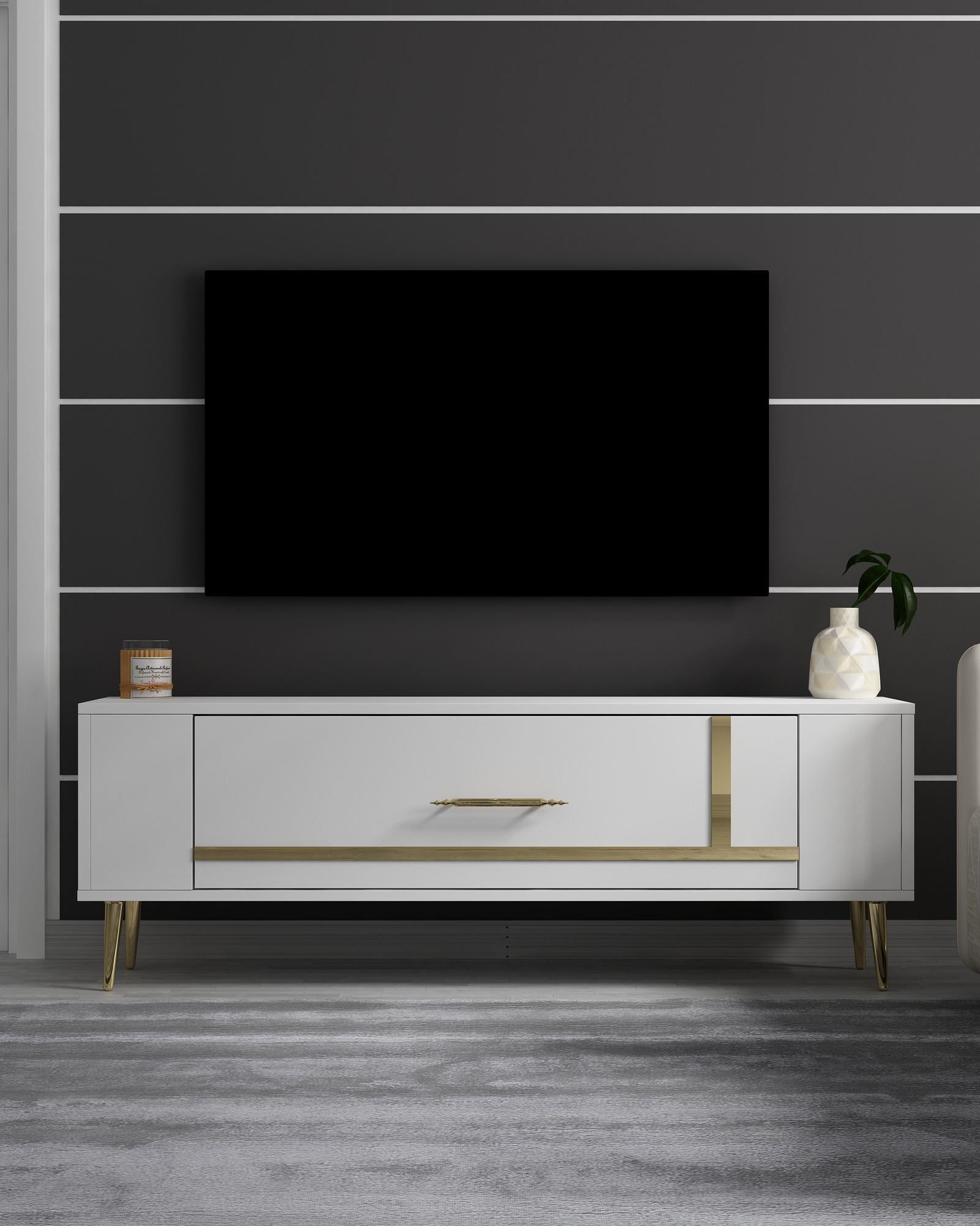 Móvel de TV – 120 cm x 48,2 cm x 26,4 cm – Branco e dourado – Painéis de partículas revestidos a melamina