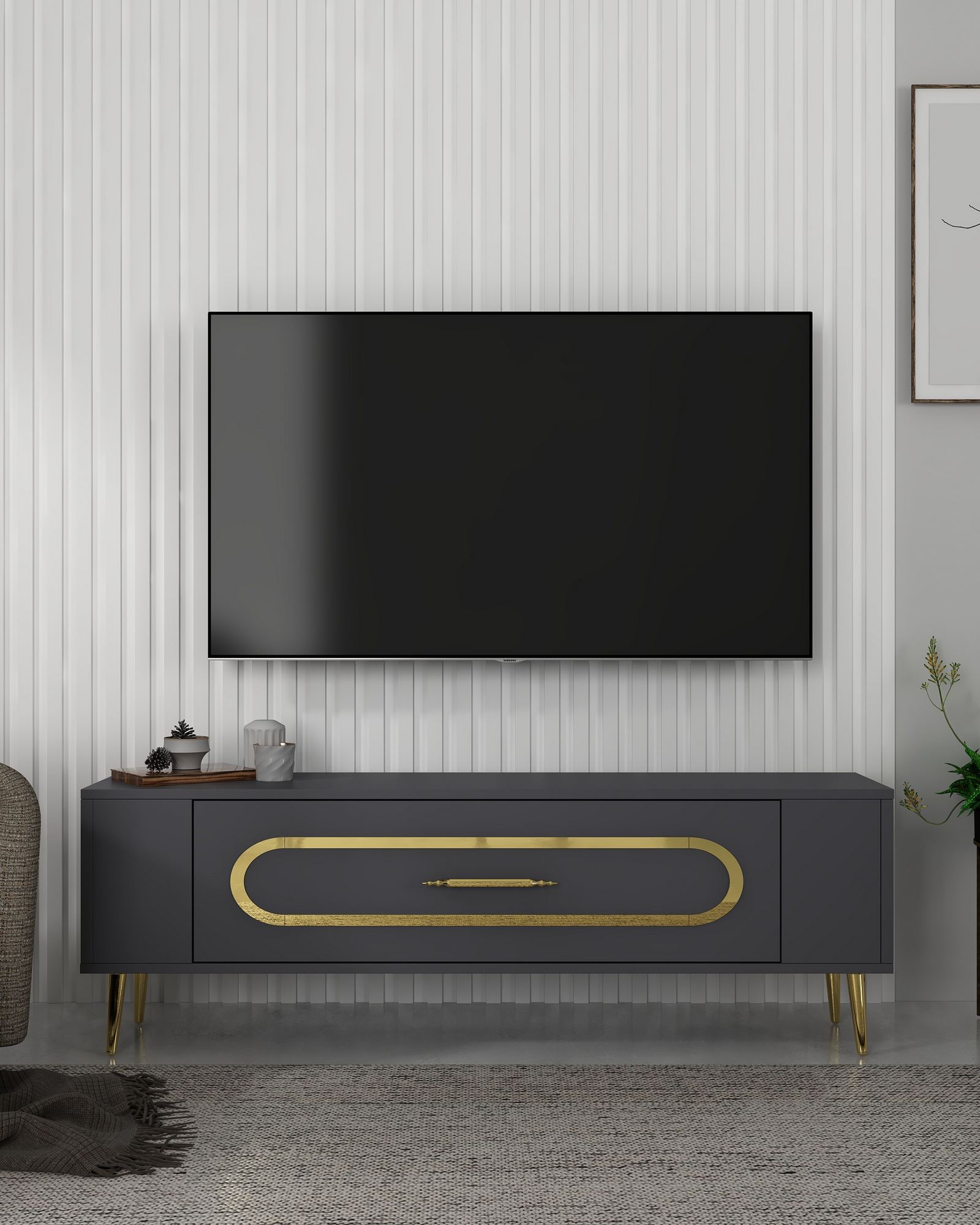 Móvel de TV – 120 cm x 48,2 cm x 26,4 cm – Antracite e Dourado – Madeira