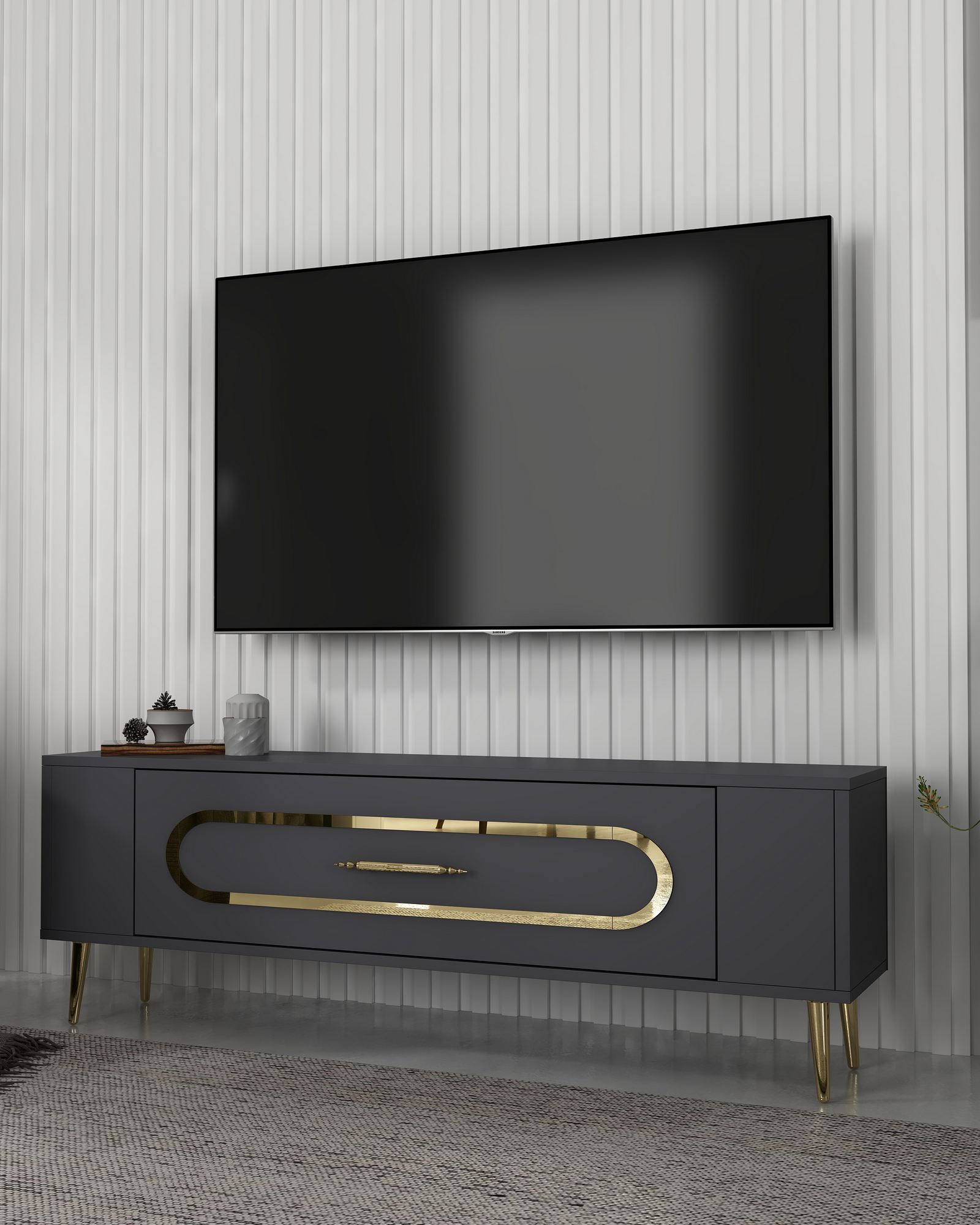 Móvel de TV – 120 cm x 48,2 cm x 26,4 cm – Antracite e Dourado – Madeira