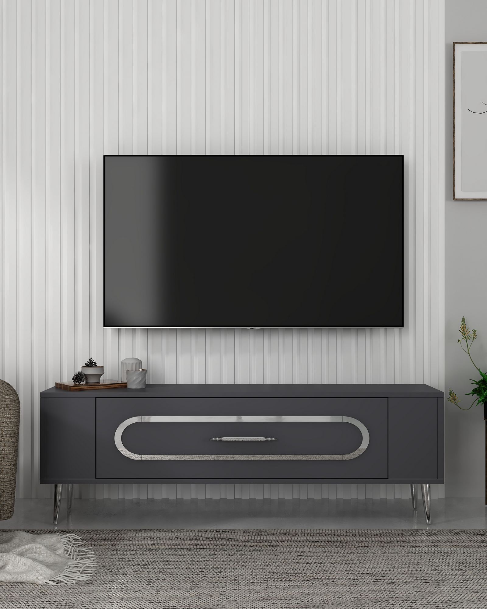 Móvel de TV – 120 cm x 48,2 cm x 26,4 cm – Antracite e Prata – Painéis de partículas revestidos a melamina