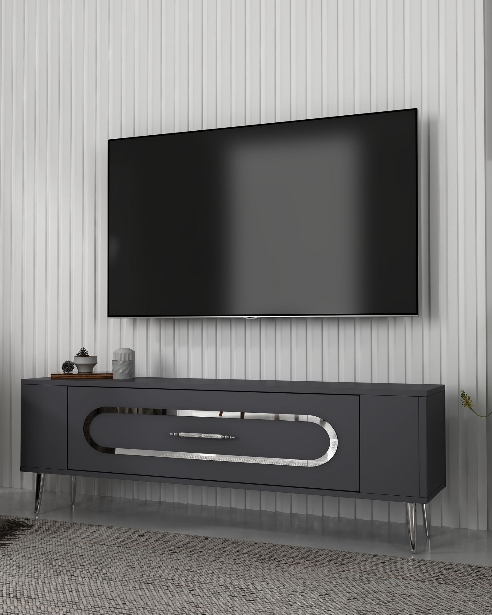 Móvel de TV – 120 cm x 48,2 cm x 26,4 cm – Antracite e Prata – Painéis de partículas revestidos a melamina