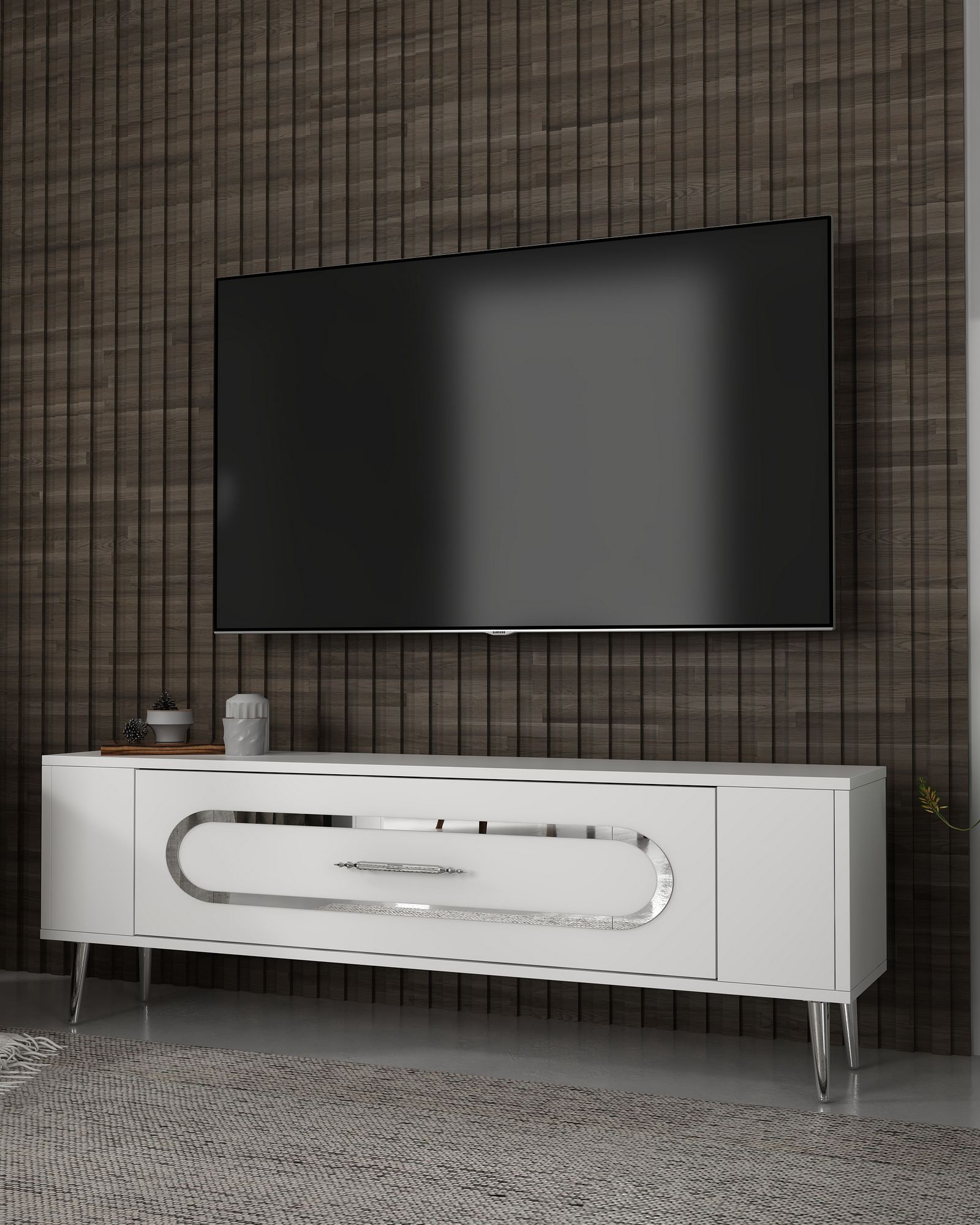 Móvel de TV – 120 cm x 48,2 cm x 26,4 cm – Branco e Prata – Painel de Partículas